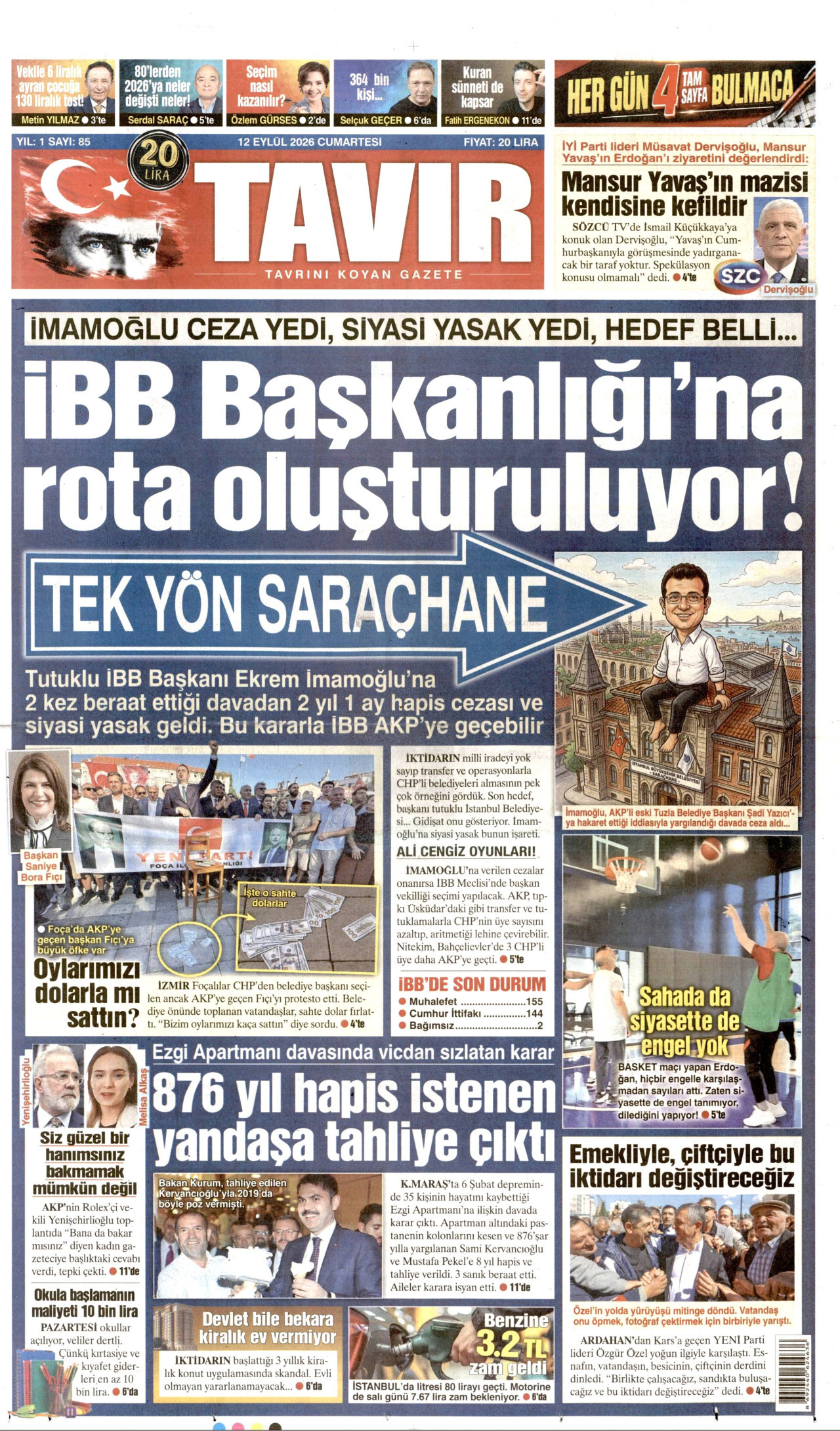 TAVIR GAZETESİ gazetesinin 12 Eylül 2026 tarihli birinci sayfası