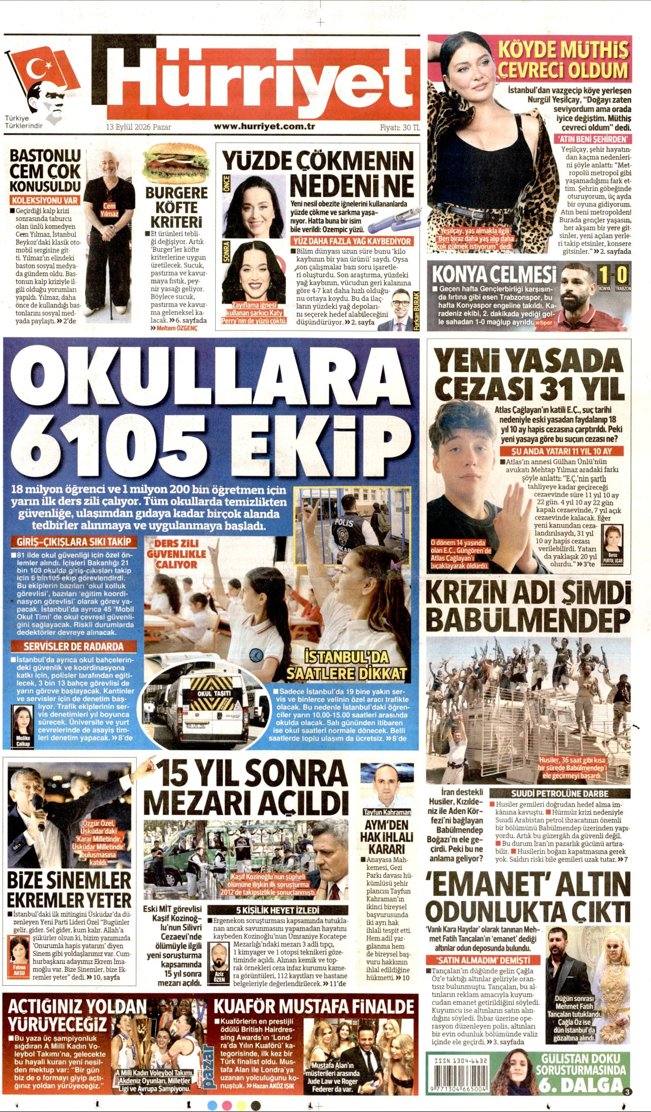 HÜRRİYET gazetesinin 13 Eylül 2026 tarihli birinci sayfası