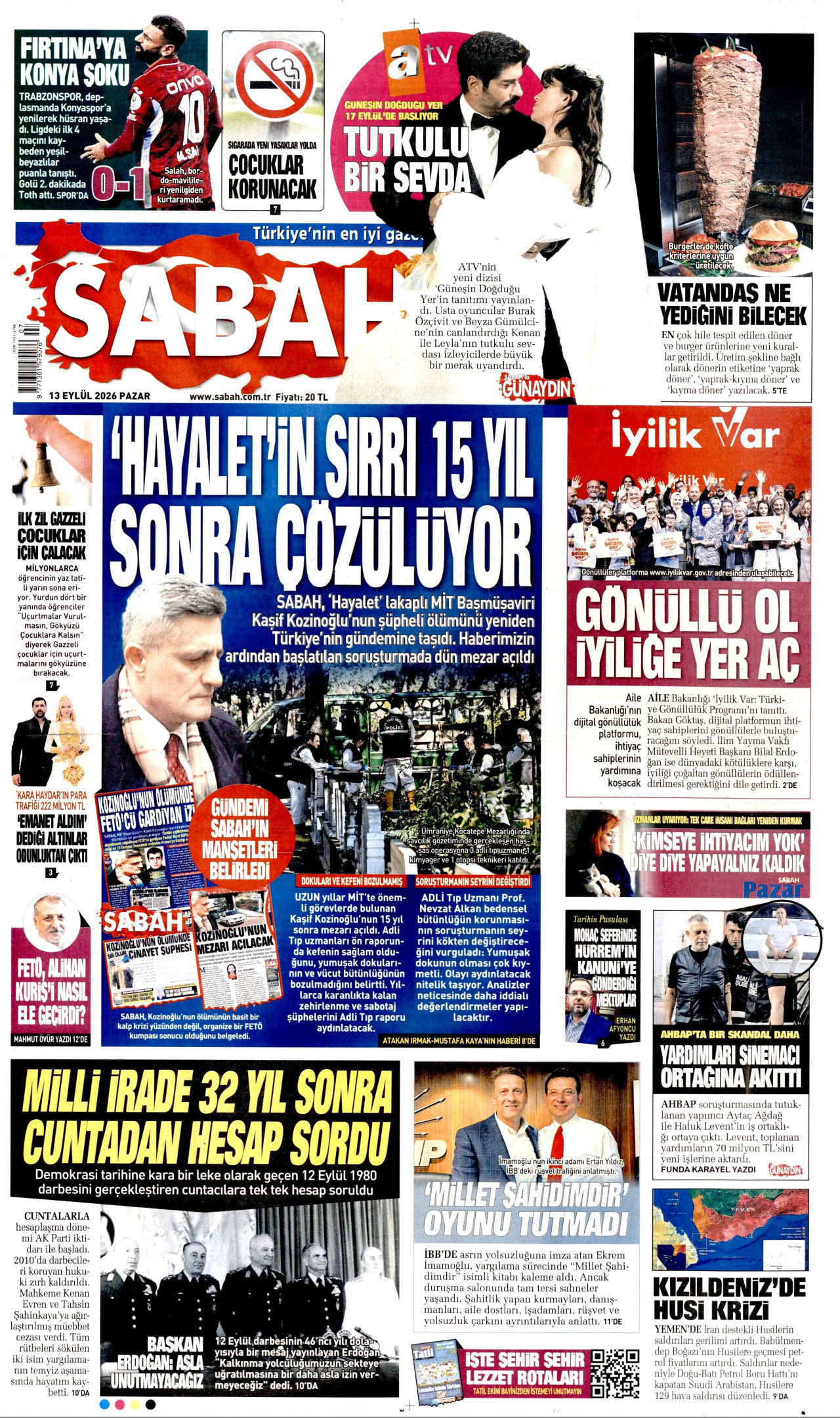 SABAH gazetesinin 13 Eylül 2026 tarihli birinci sayfası