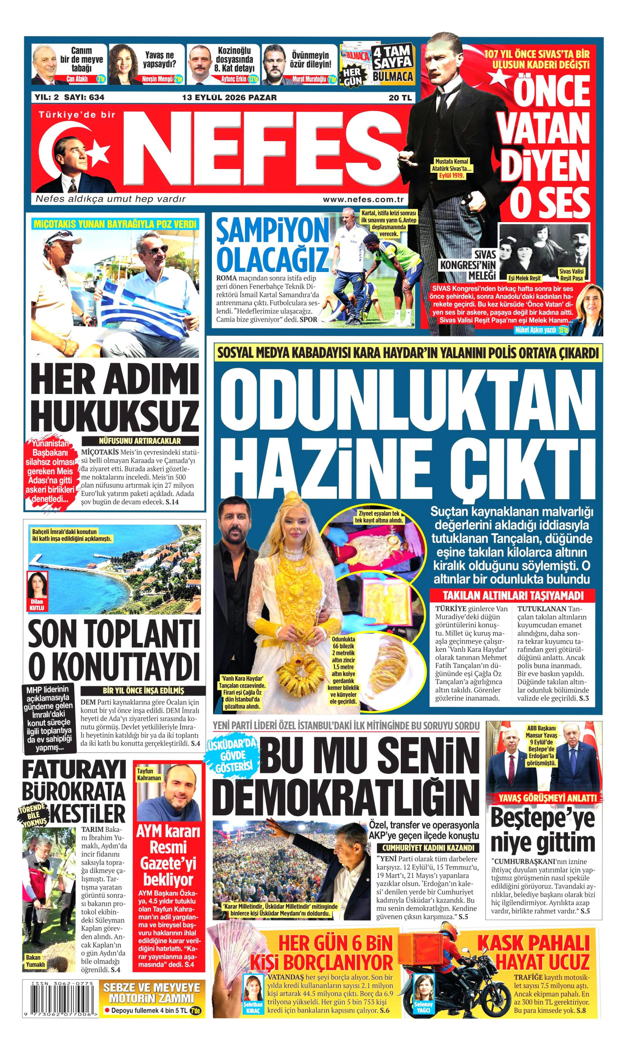 NEFES gazetesinin 13 Eylül 2026 tarihli birinci sayfası