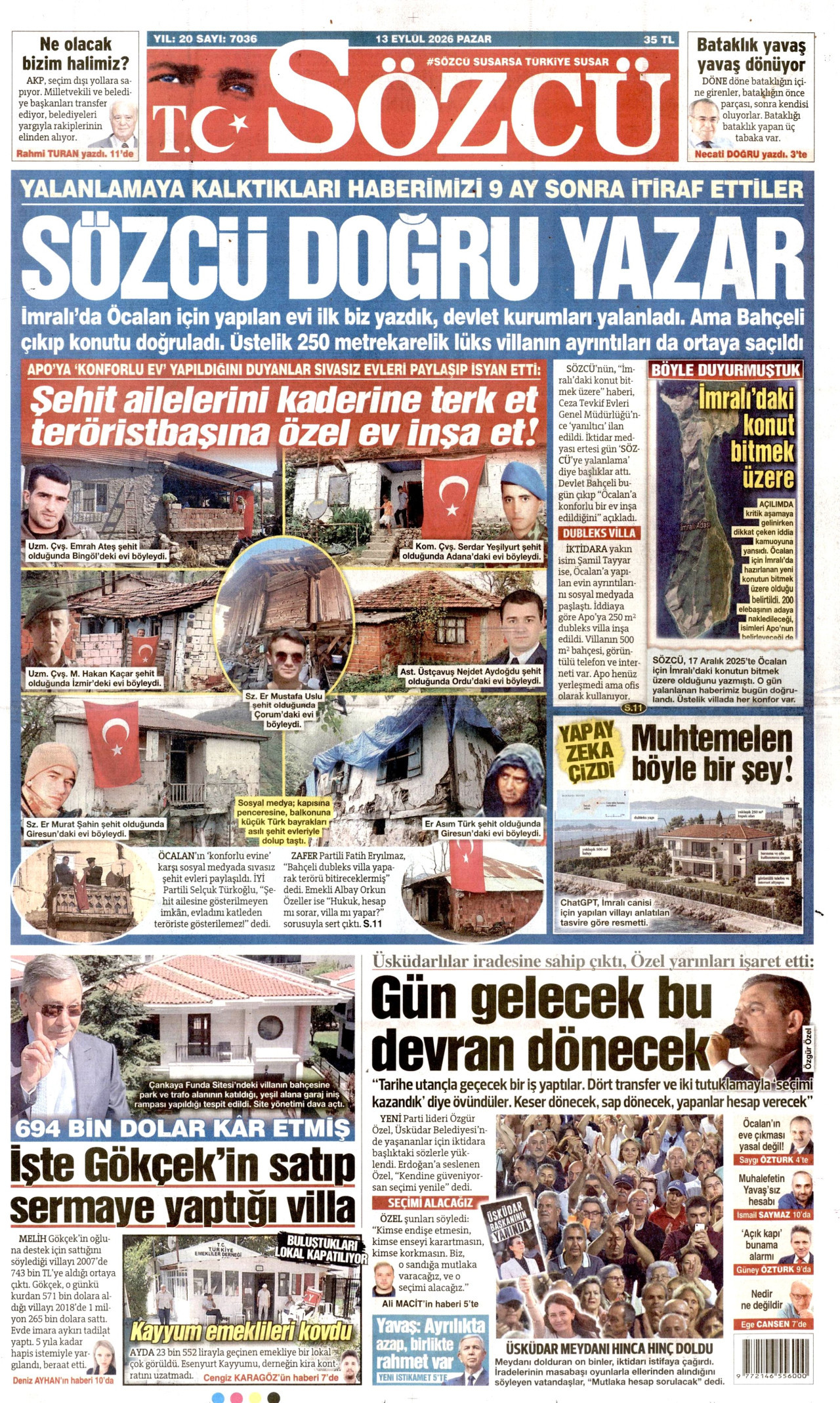 SÖZCÜ gazetesinin 13 Eylül 2026 tarihli birinci sayfası