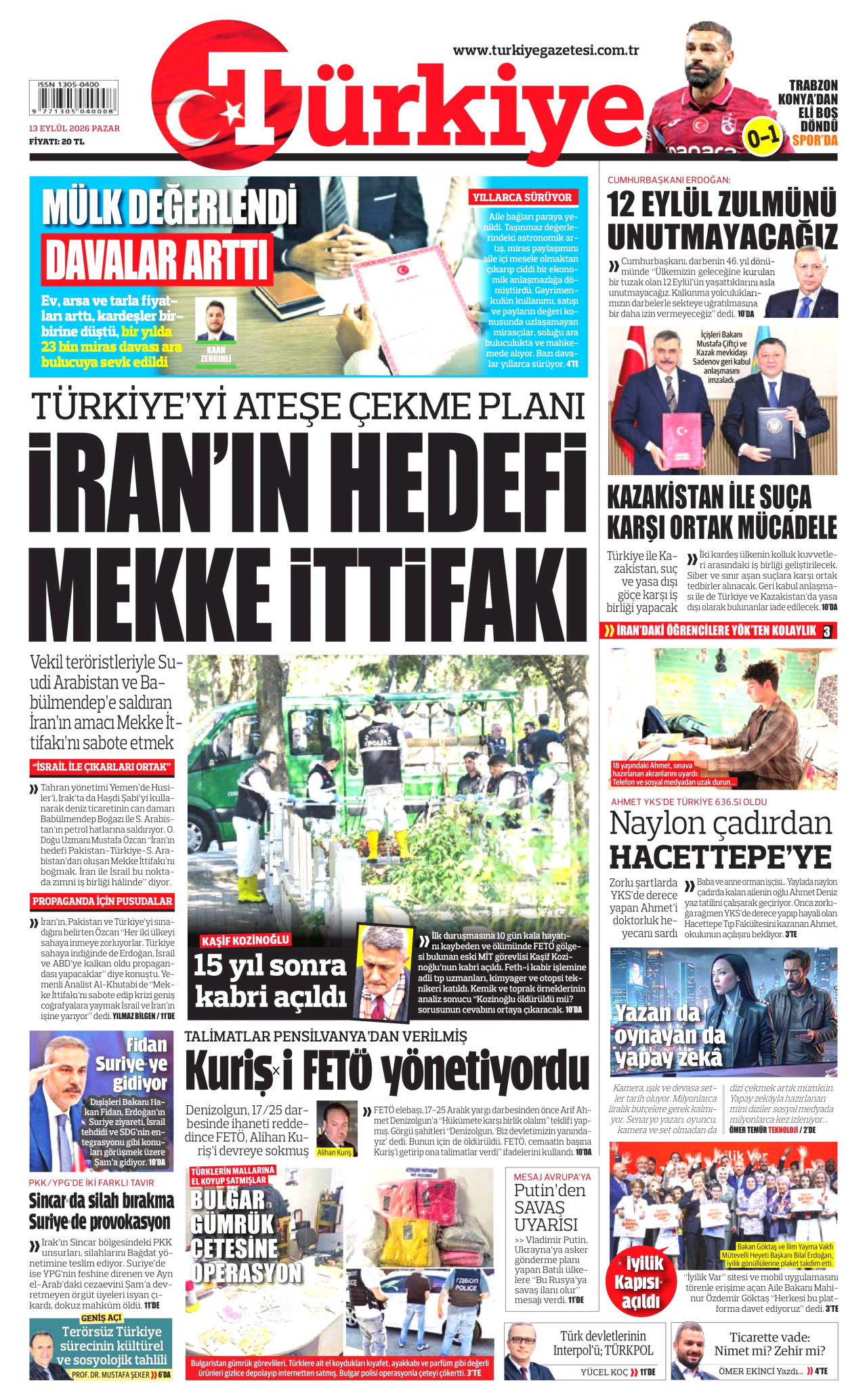 TÜRKİYE GAZETESİ gazetesinin 13 Eylül 2026 tarihli birinci sayfası