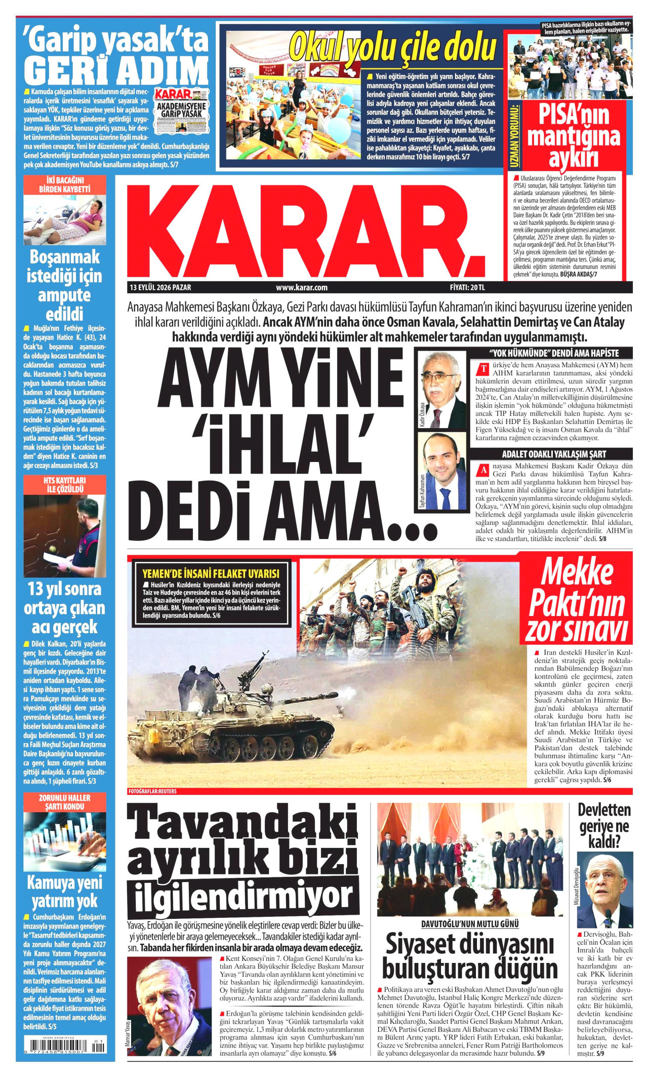 KARAR gazetesinin 13 Eylül 2026 tarihli birinci sayfası