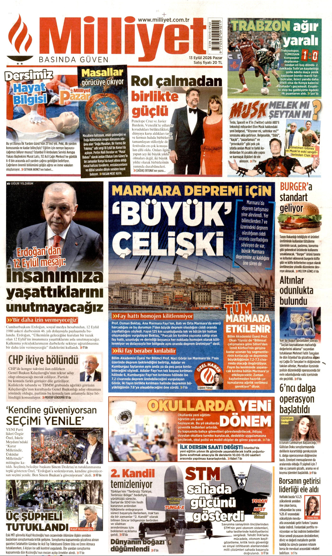 MİLLİYET gazetesinin 13 Eylül 2026 tarihli birinci sayfası