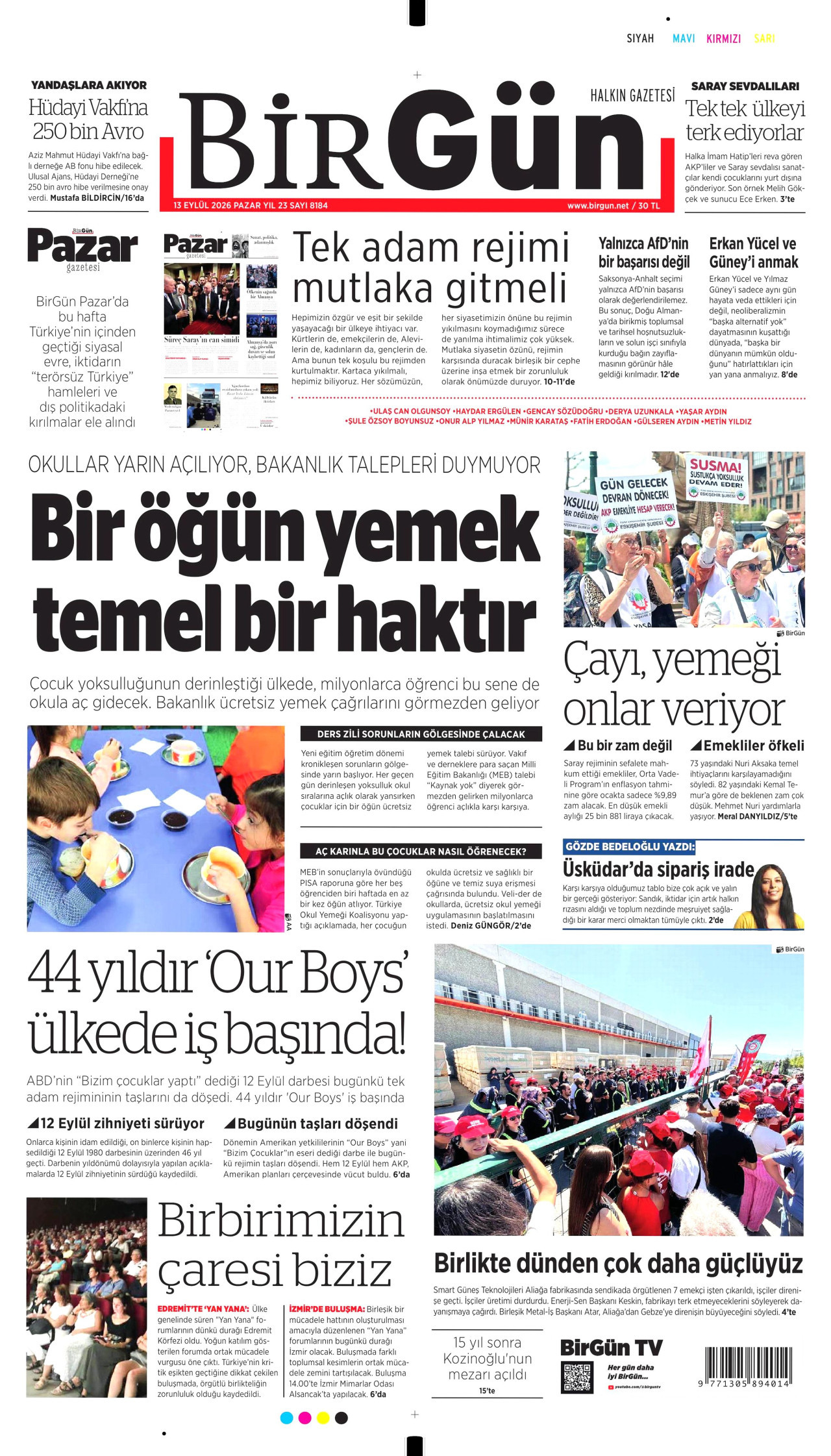 BİRGÜN gazetesinin 13 Eylül 2026 tarihli birinci sayfası