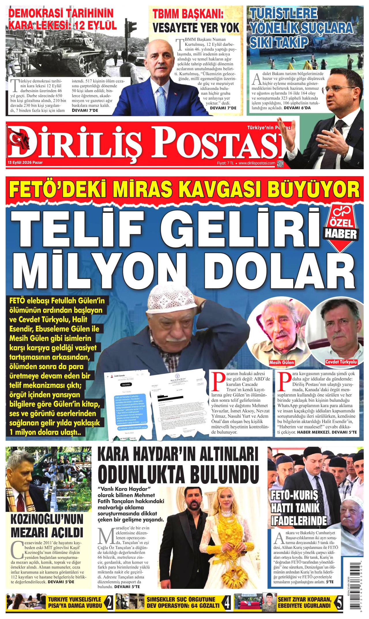 DİRİLİŞ POSTASI gazetesinin 13 Eylül 2026 tarihli birinci sayfası