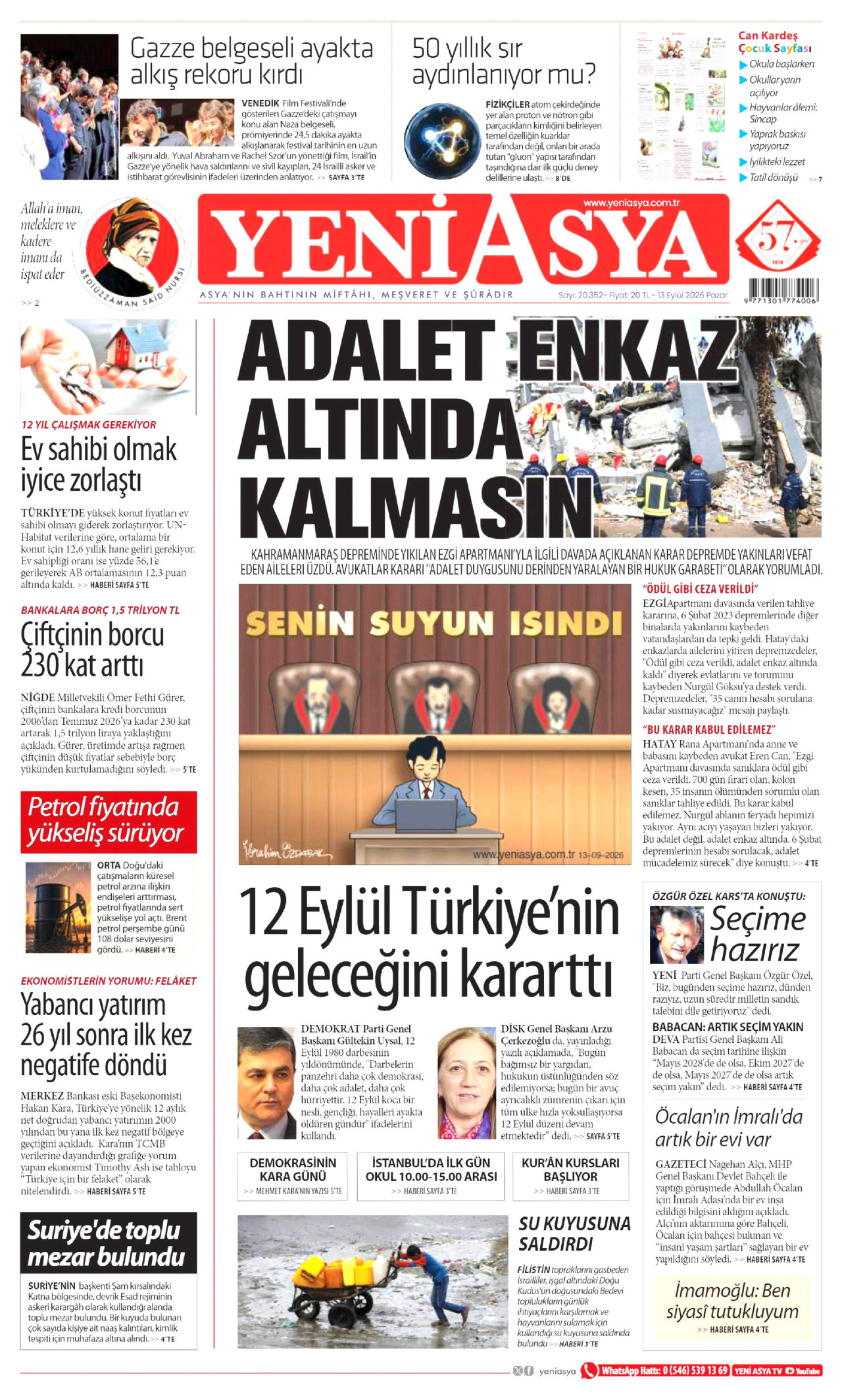 YENİ ASYA gazetesinin 13 Eylül 2026 tarihli birinci sayfası