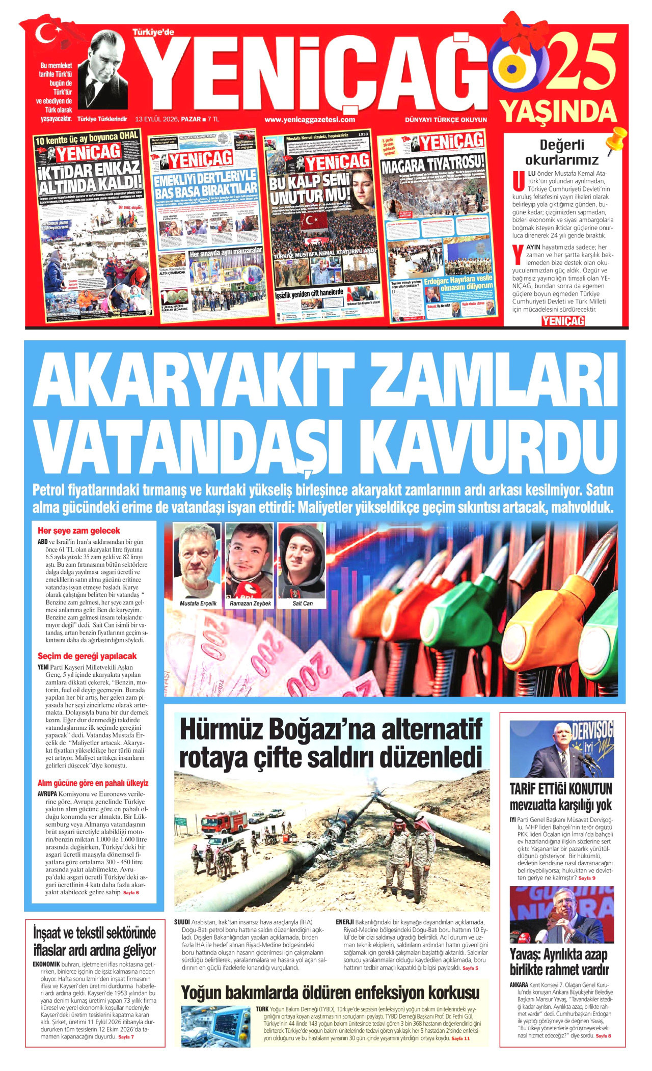 YENİÇAĞ gazetesinin 13 Eylül 2026 tarihli birinci sayfası