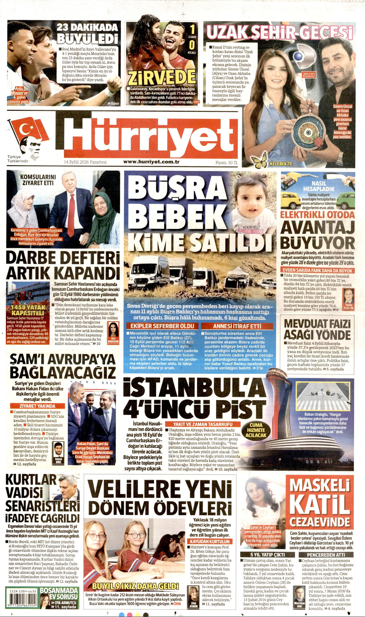 HÜRRİYET gazetesinin 14 Eylül 2026 tarihli birinci sayfası