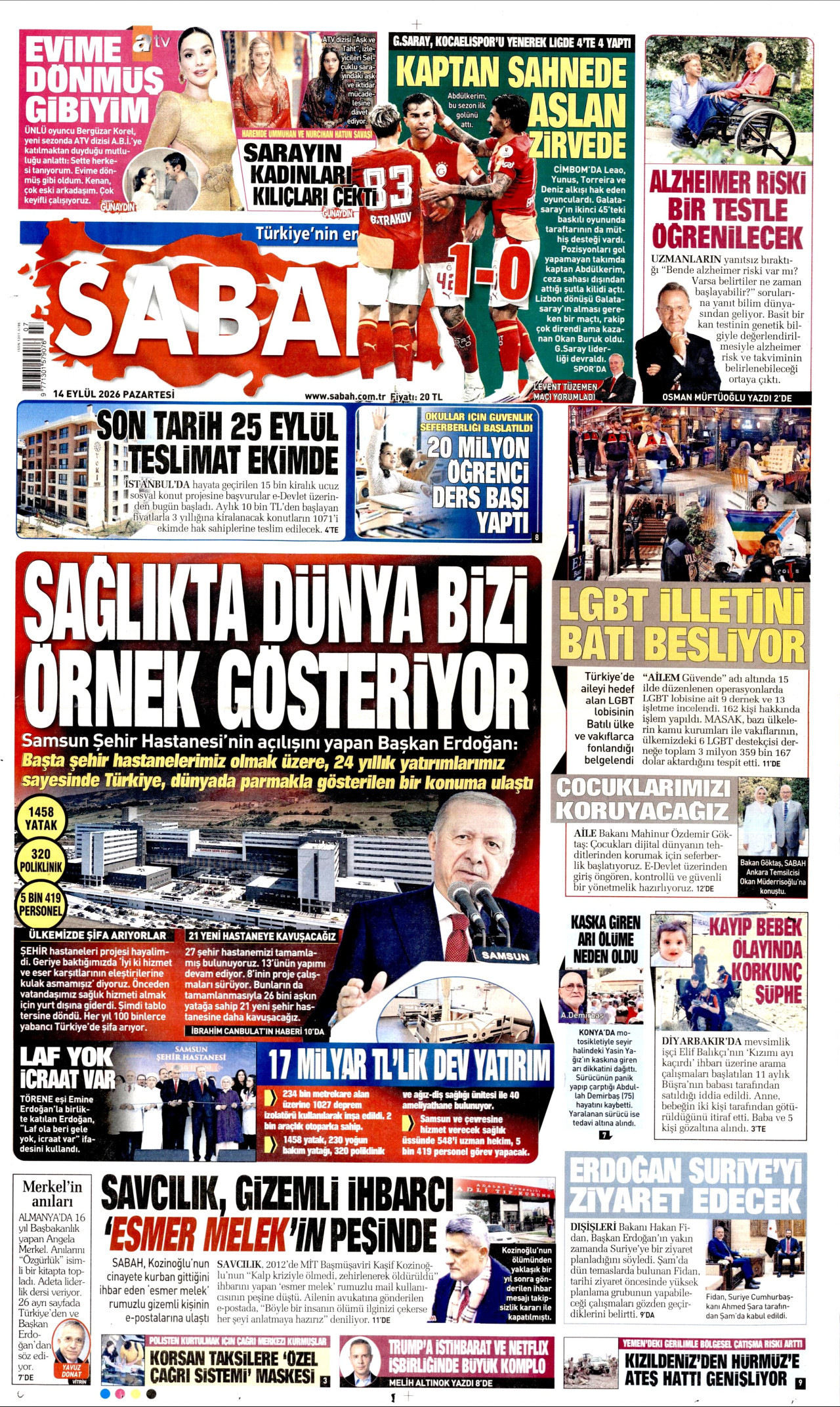 SABAH gazetesinin 14 Eylül 2026 tarihli birinci sayfası