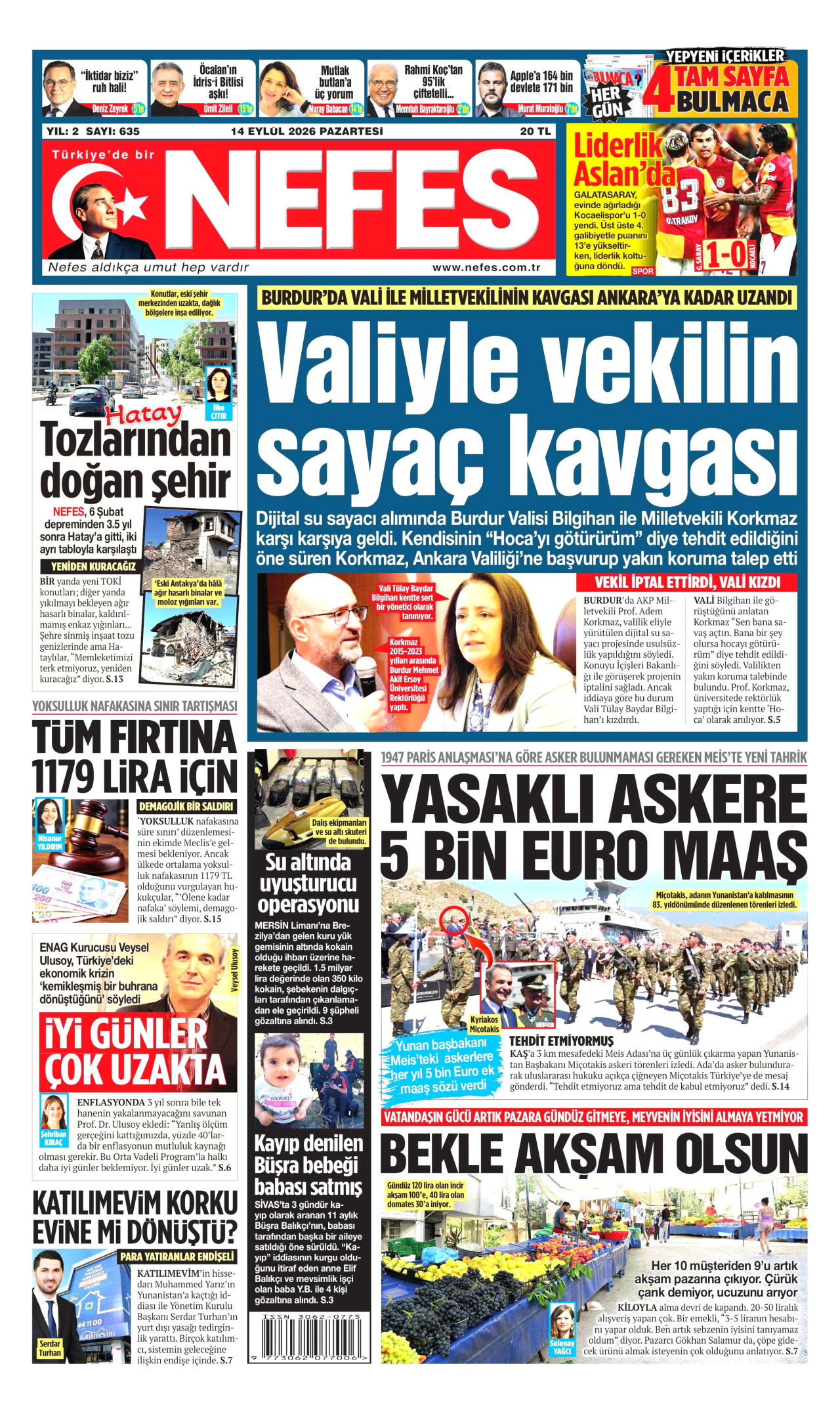 NEFES gazetesinin 14 Eylül 2026 tarihli birinci sayfası