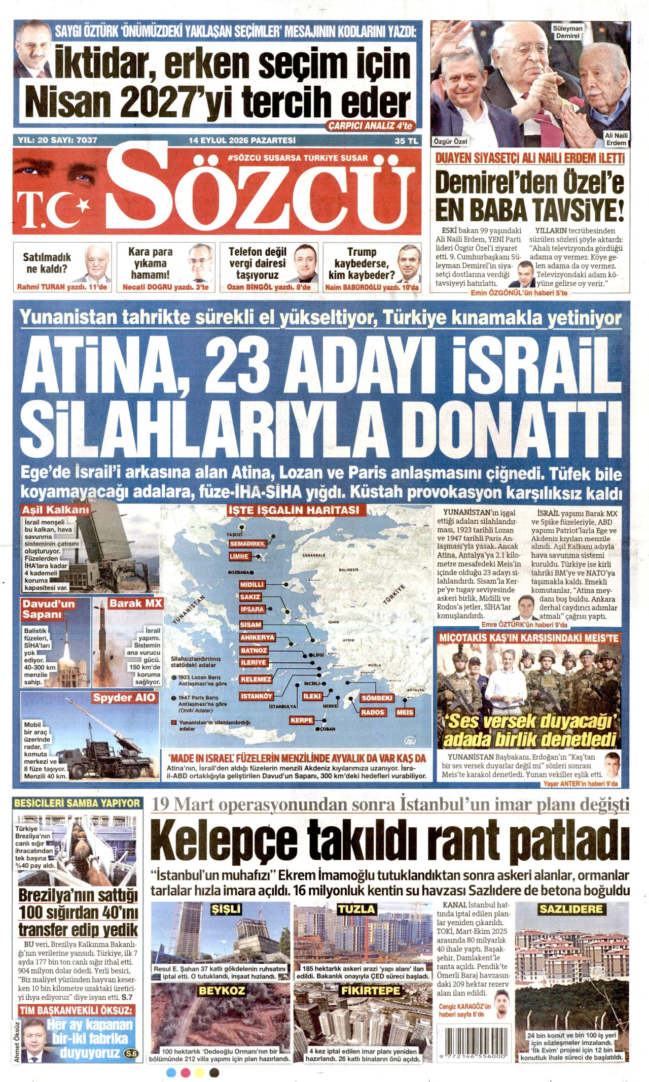 SÖZCÜ gazetesinin 14 Eylül 2026 tarihli birinci sayfası