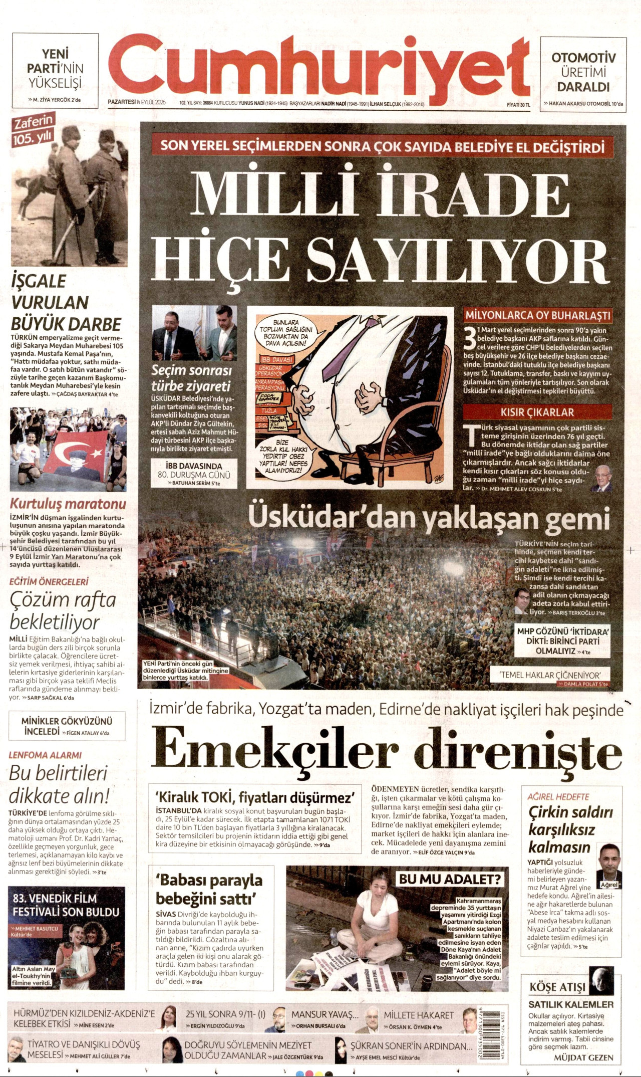 CUMHURİYET gazetesinin 14 Eylül 2026 tarihli birinci sayfası