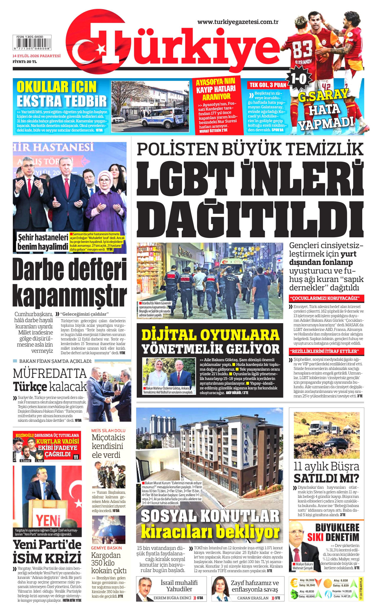 TÜRKİYE GAZETESİ gazetesinin 14 Eylül 2026 tarihli birinci sayfası