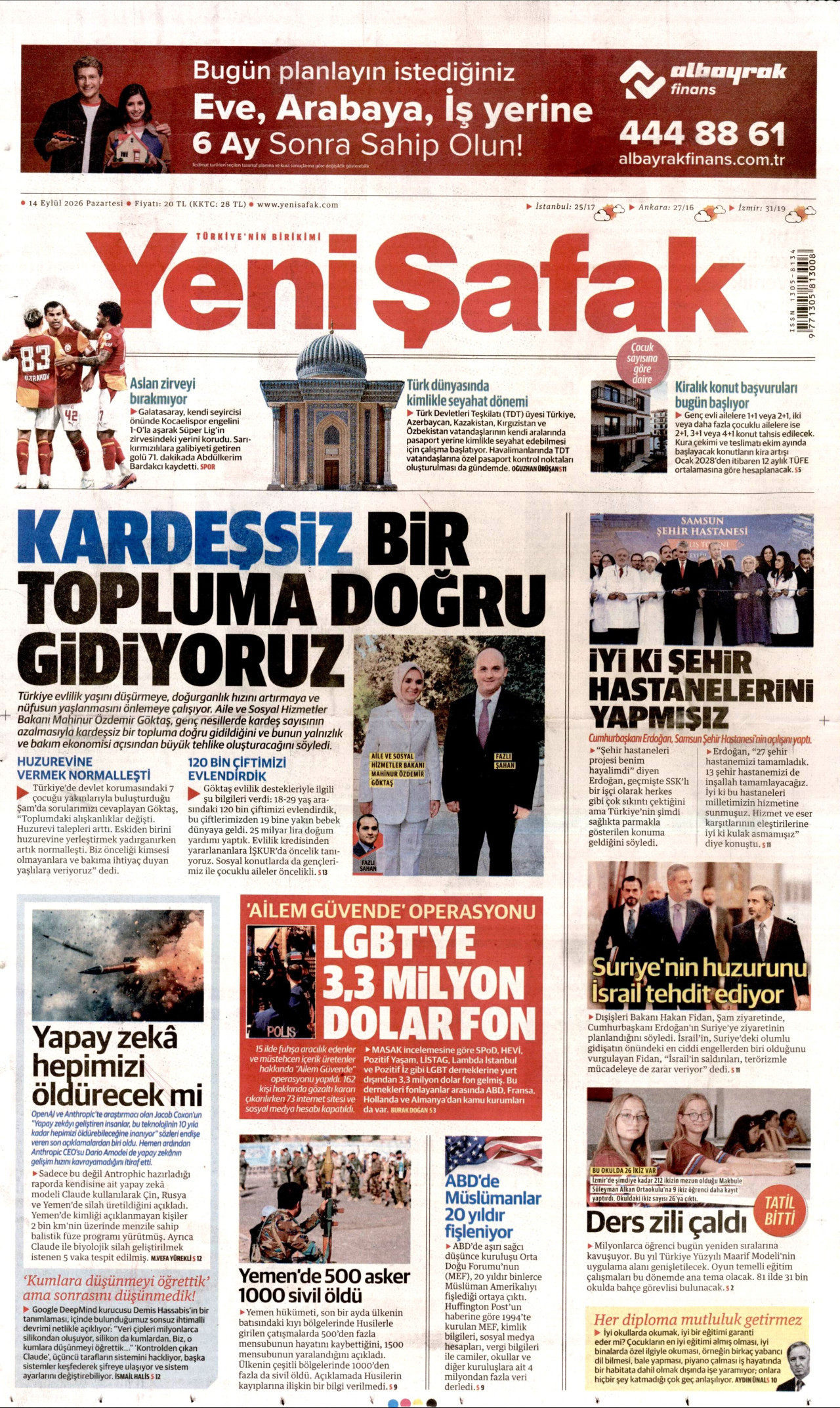 YENİ ŞAFAK gazetesinin 14 Eylül 2026 tarihli birinci sayfası