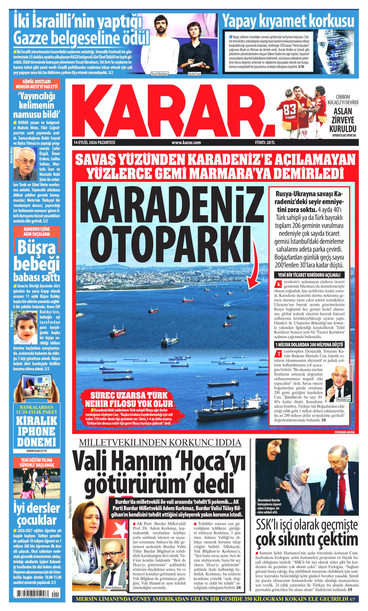 KARAR gazetesinin 14 Eylül 2026 tarihli birinci sayfası