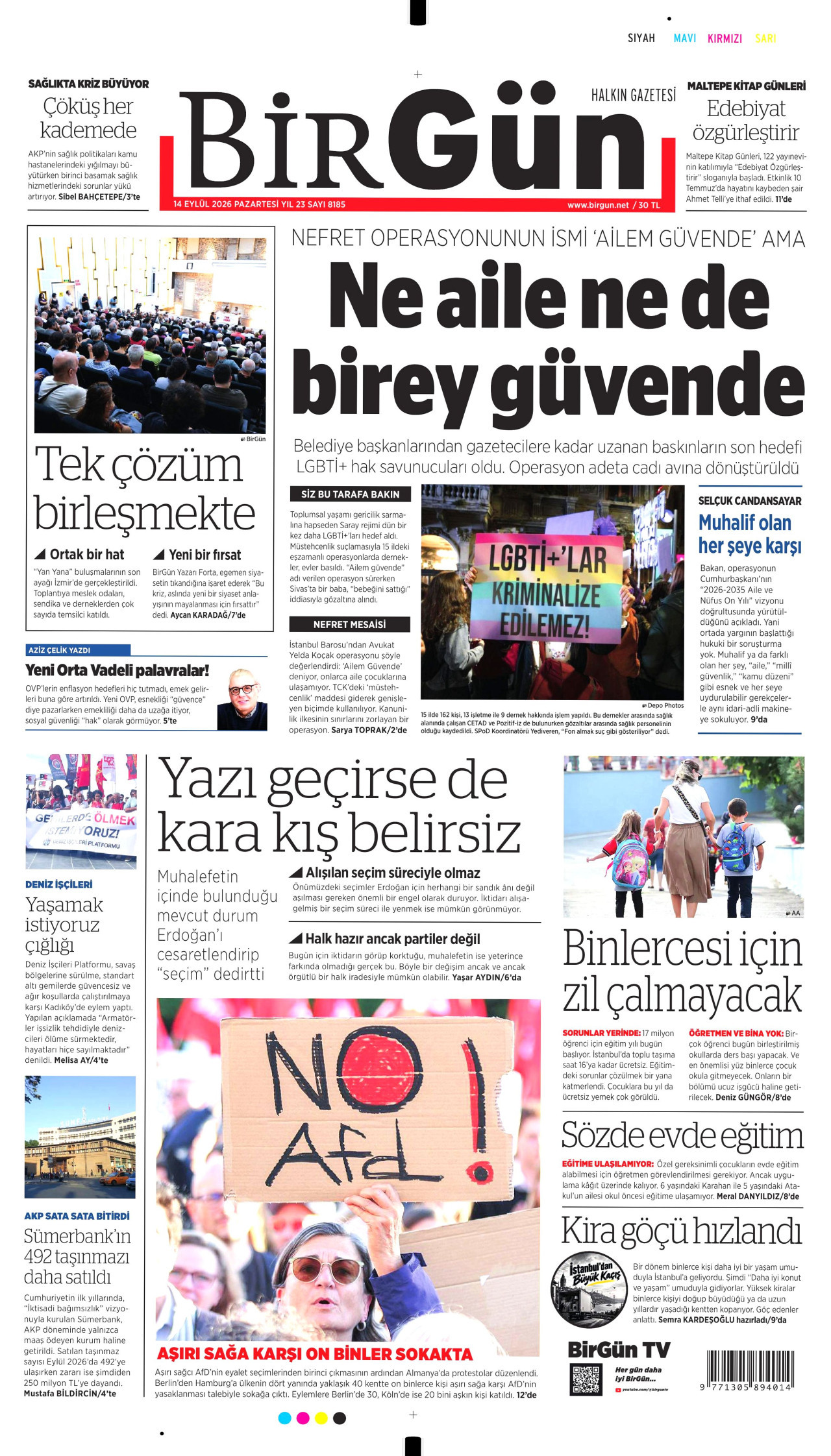 BİRGÜN gazetesinin 14 Eylül 2026 tarihli birinci sayfası