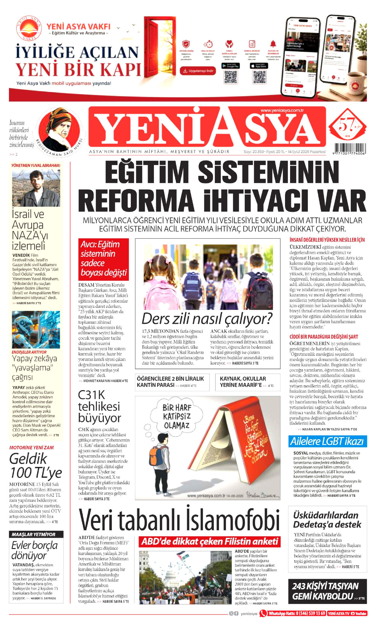 YENİ ASYA gazetesinin 14 Eylül 2026 tarihli birinci sayfası