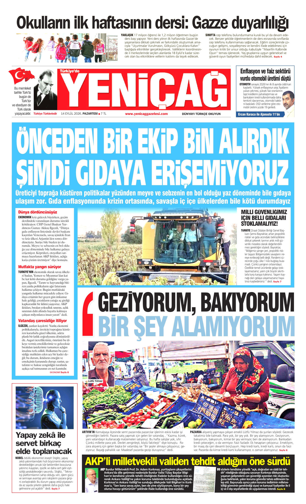 YENİÇAĞ gazetesinin 14 Eylül 2026 tarihli birinci sayfası