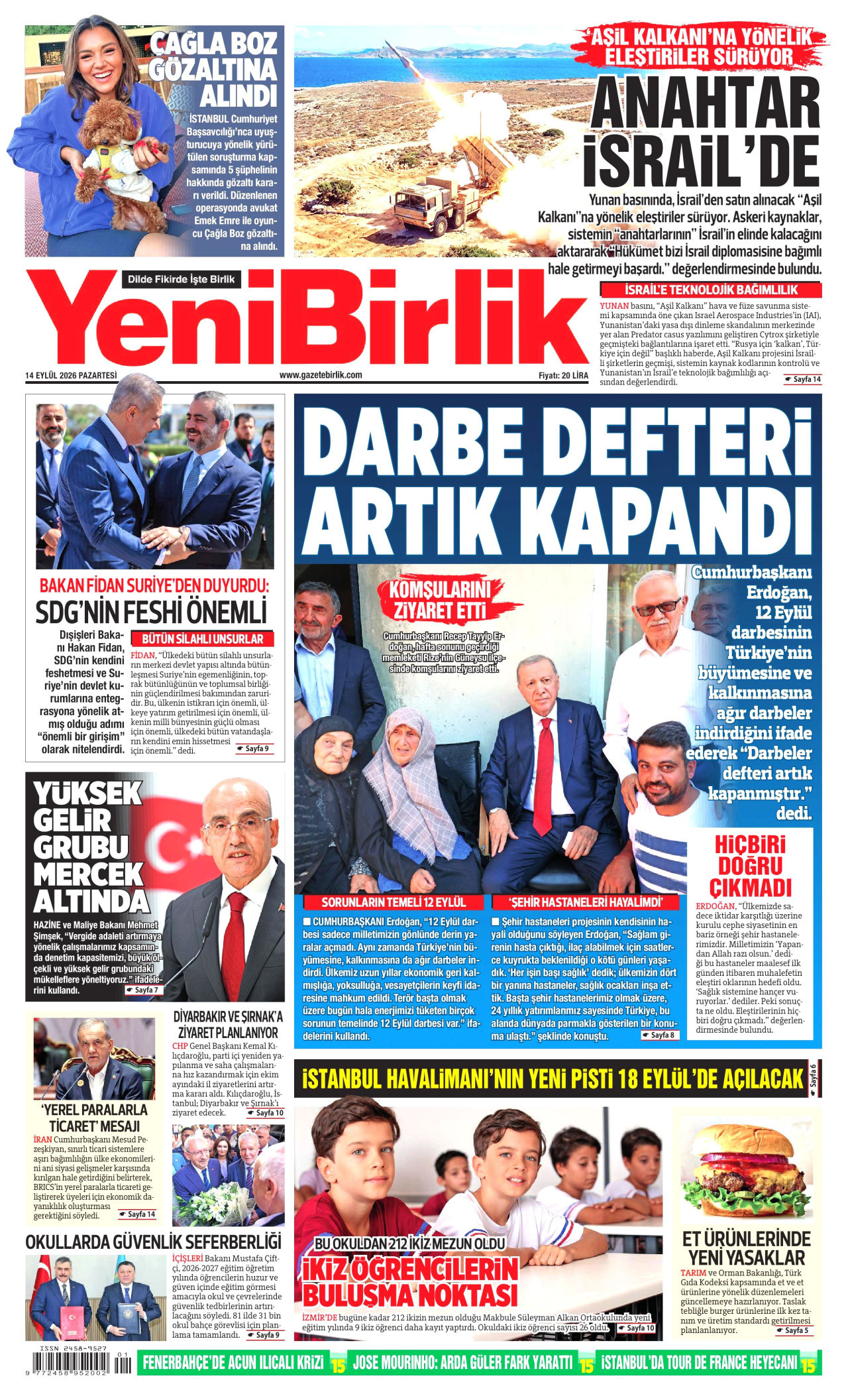 YENİBİRLİK gazetesinin 14 Eylül 2026 tarihli birinci sayfası