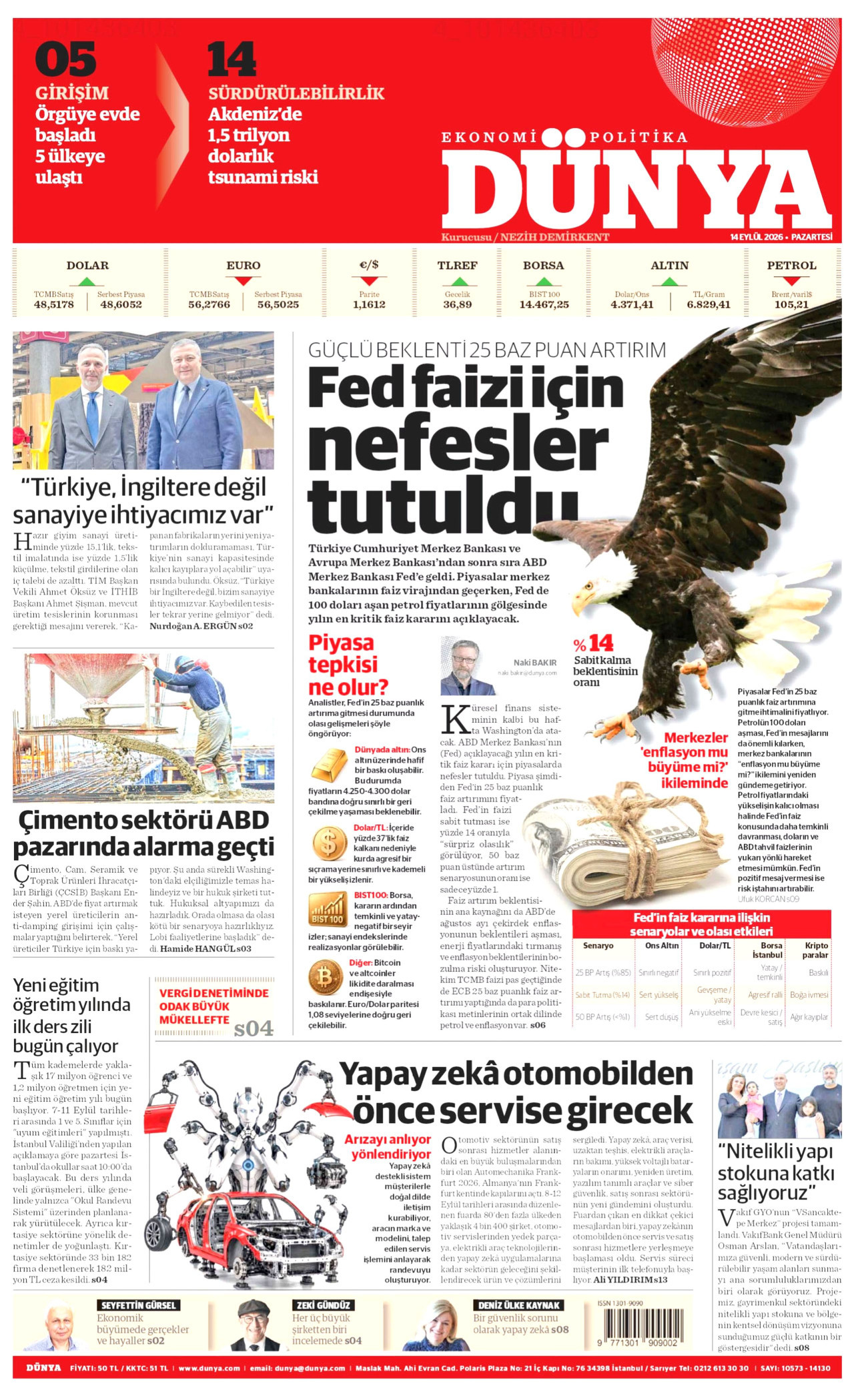 DÜNYA gazetesinin 14 Eylül 2026 tarihli birinci sayfası