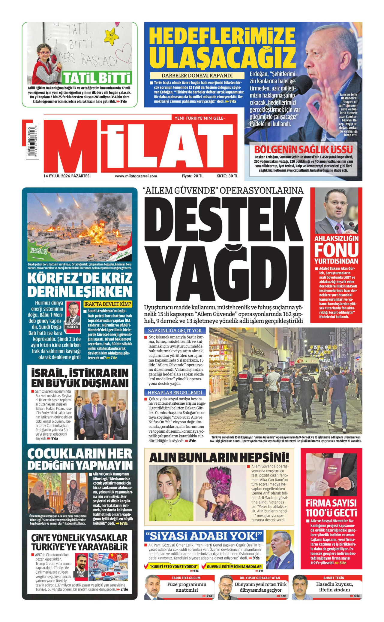 MİLAT gazetesinin 14 Eylül 2026 tarihli birinci sayfası