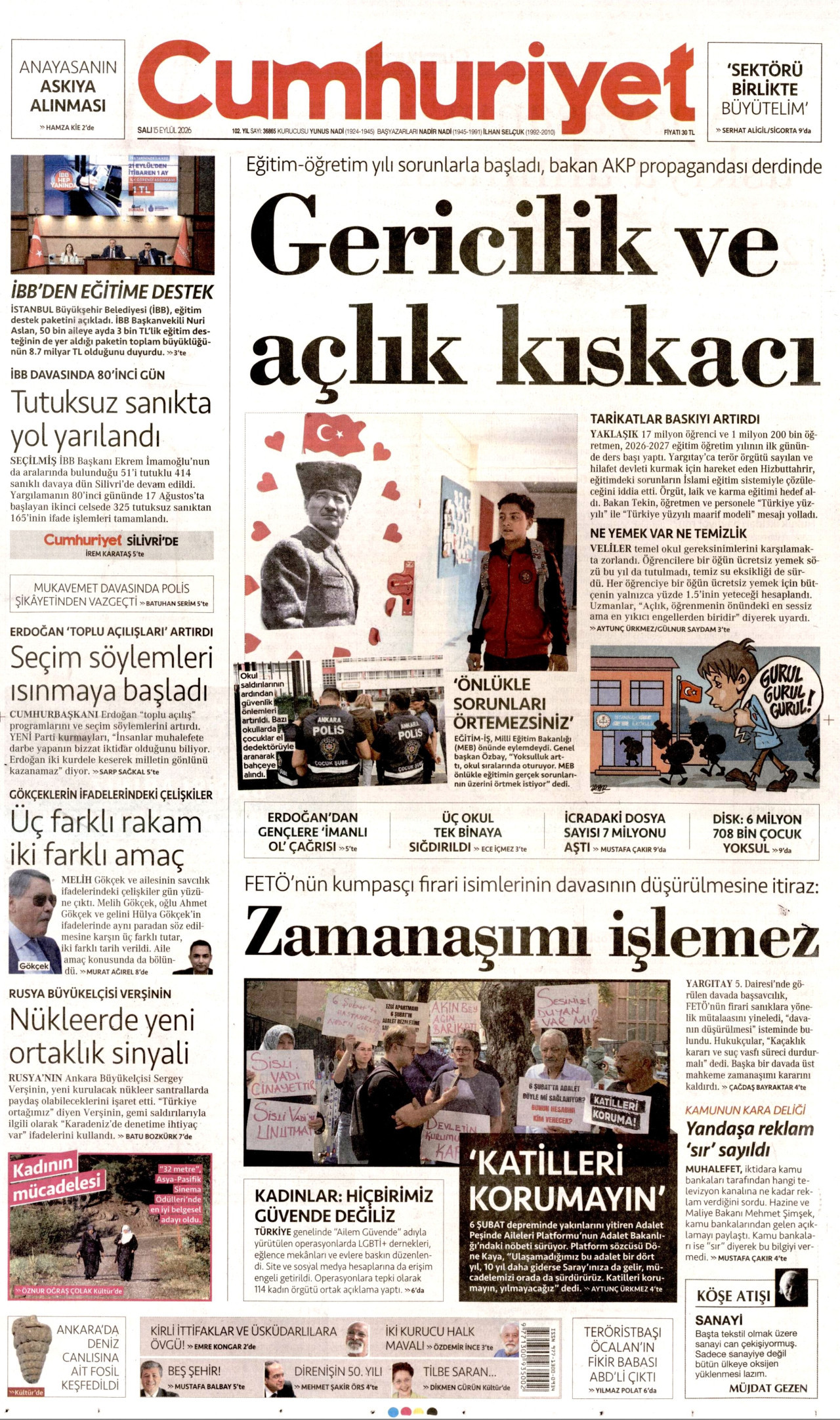 CUMHURİYET 15 Eylül 2026 Gazete Manşeti Büyük
