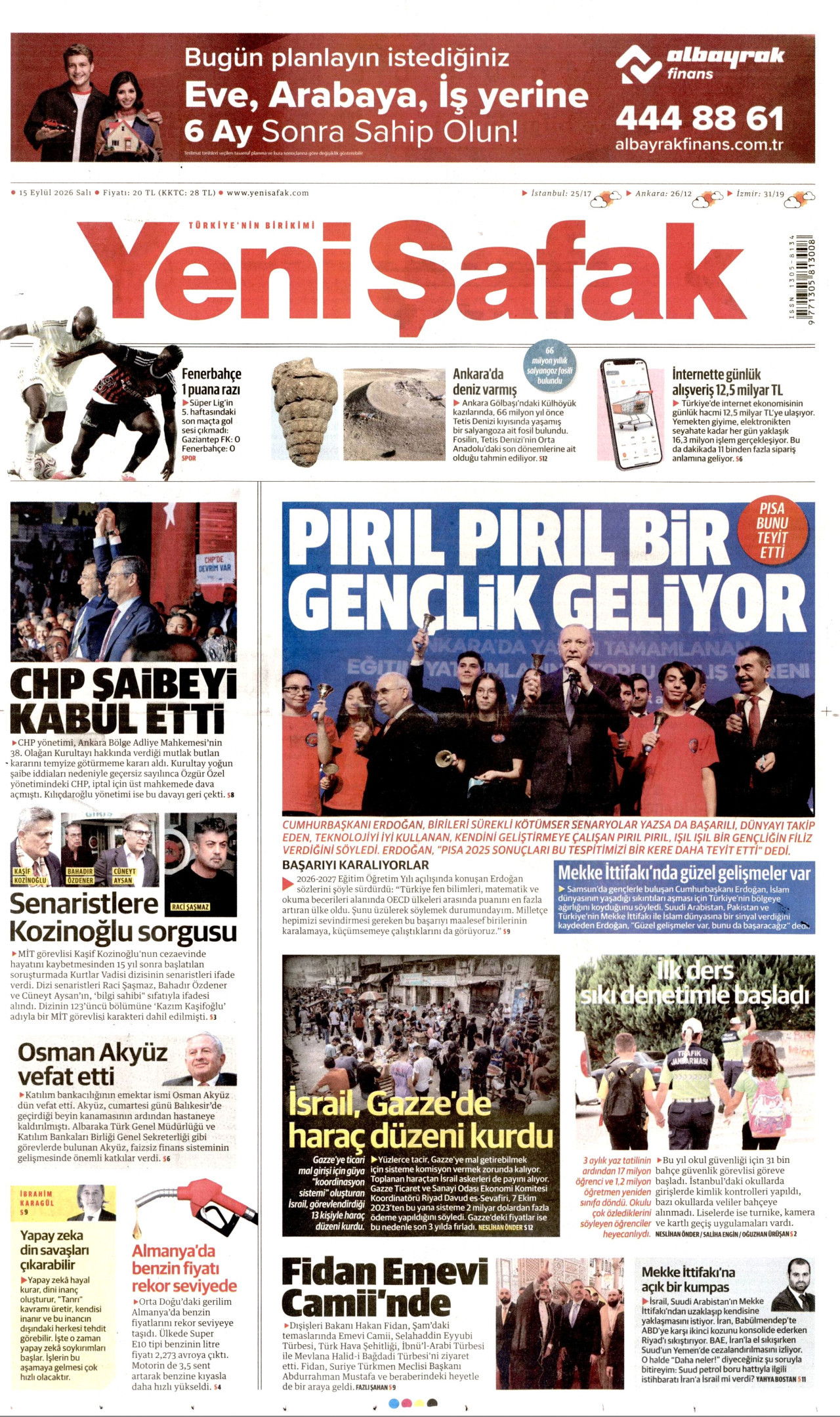 YENİ ŞAFAK 15 Eylül 2026 Gazete Manşeti Büyük