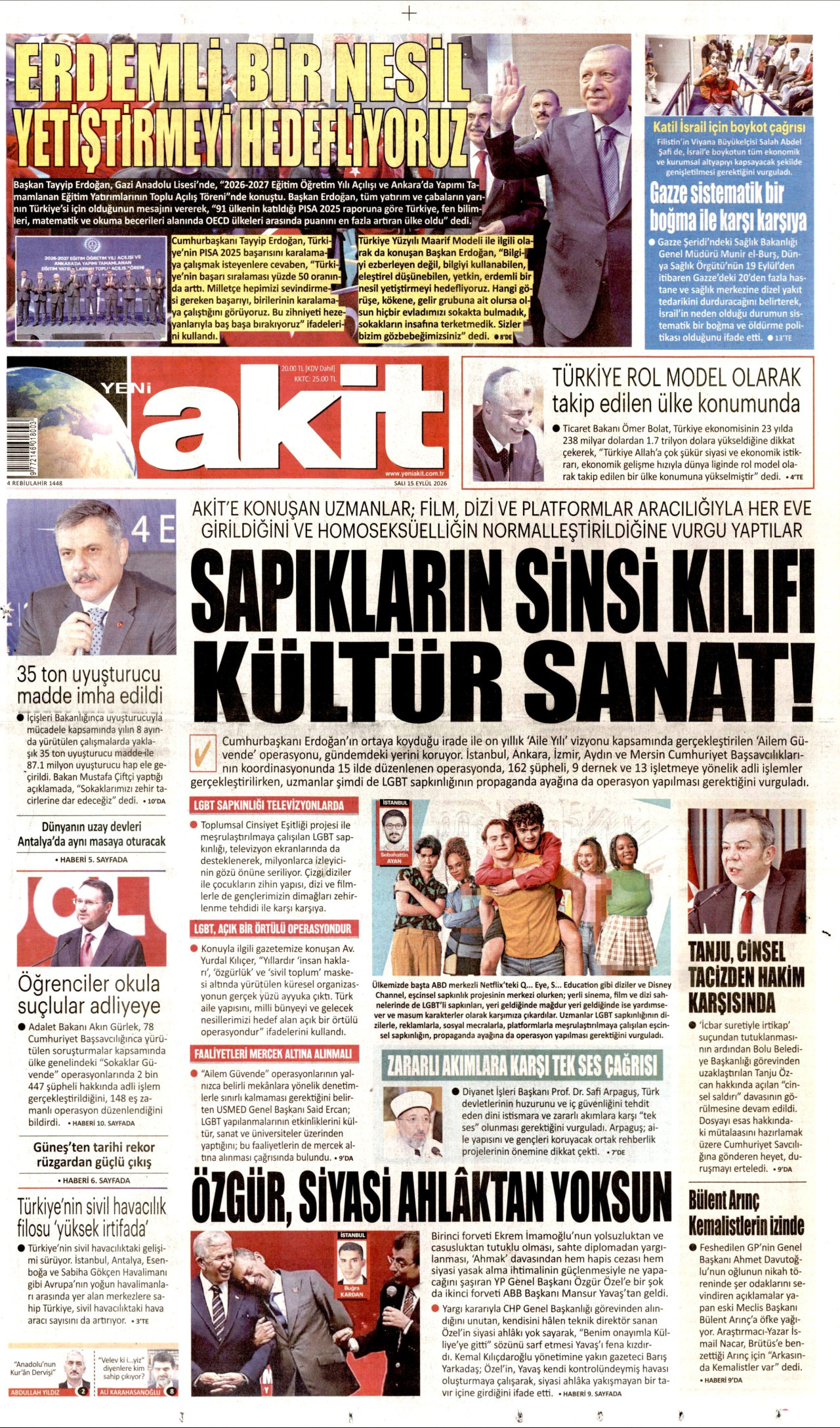 YENİ AKİT 15 Eylül 2026 Gazete Manşeti Büyük