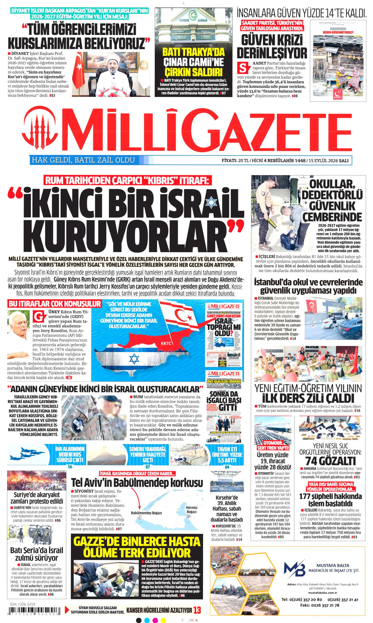 MİLLİ GAZETE 15 Eylül 2026 Gazete Manşeti Büyük