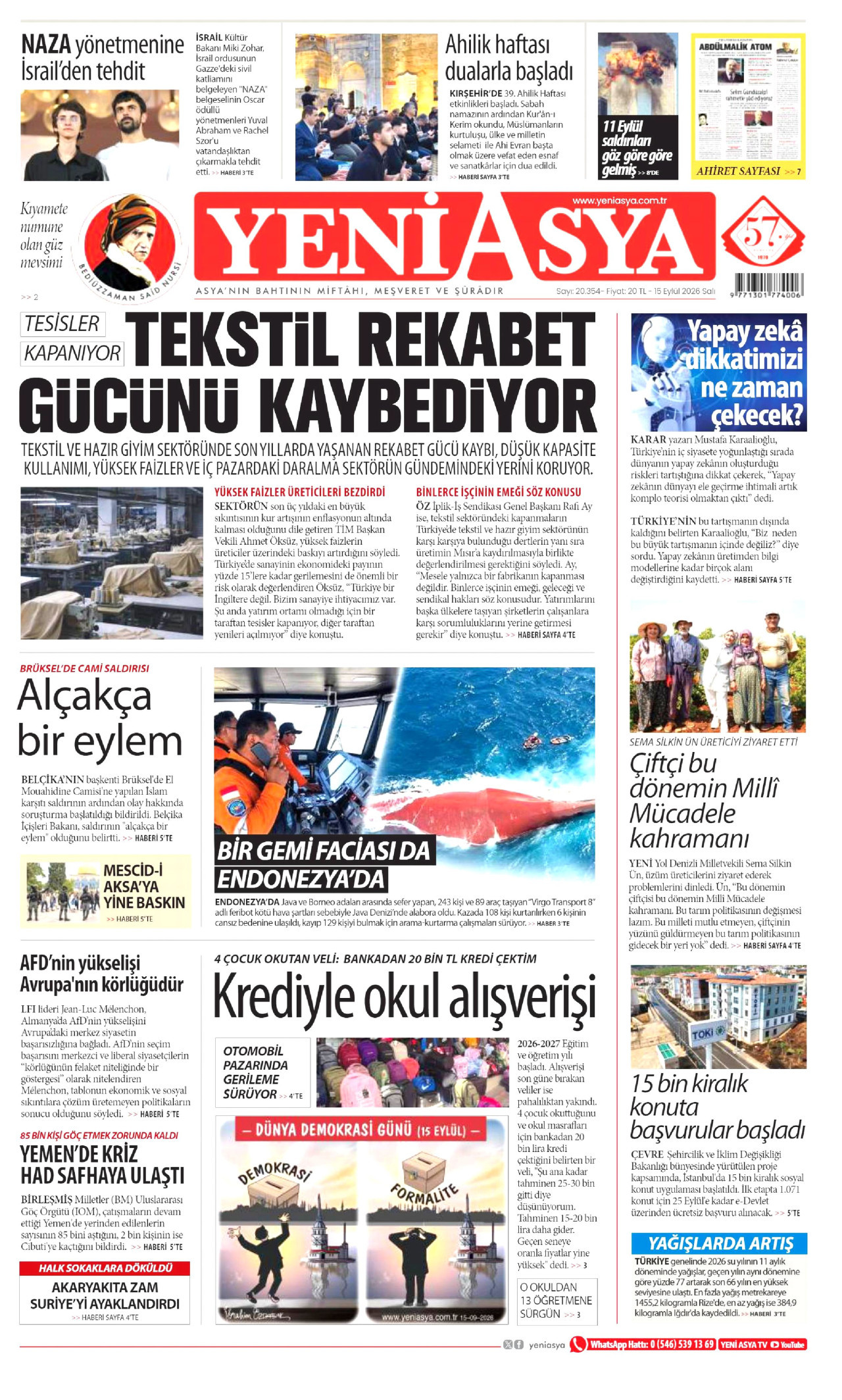 YENİ ASYA 15 Eylül 2026 Gazete Manşeti Büyük