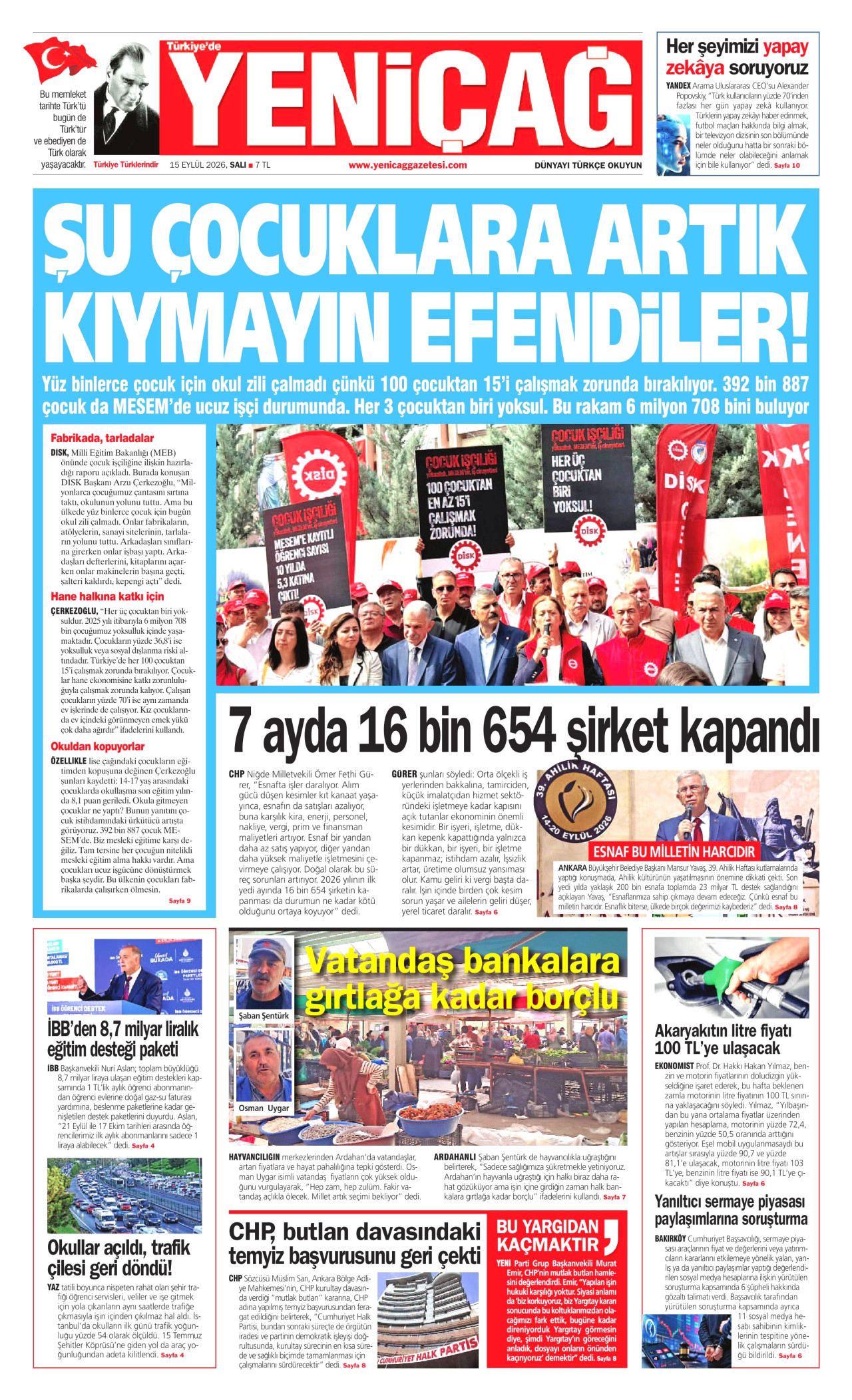 YENİÇAĞ 15 Eylül 2026 Gazete Manşeti Büyük