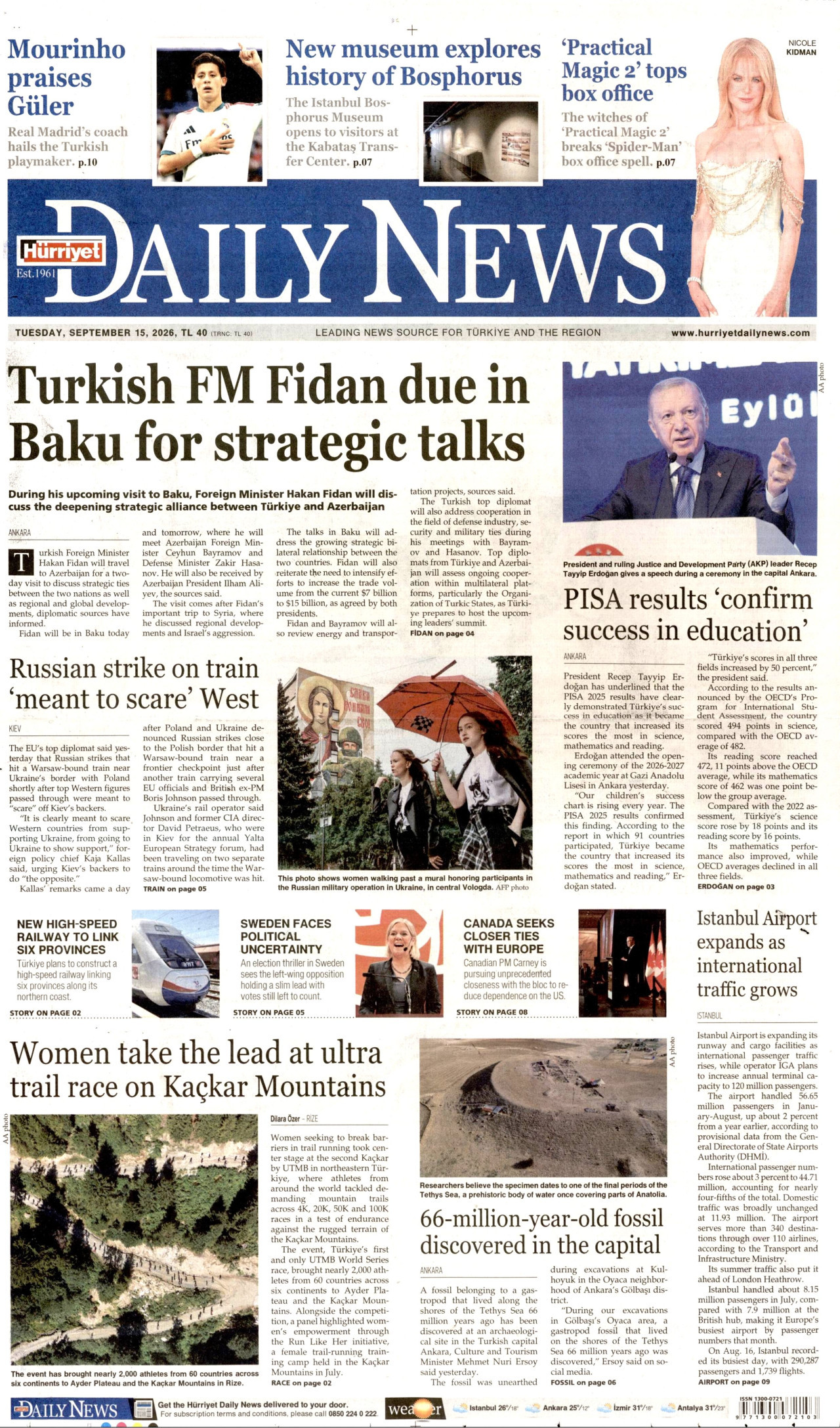 HÜRRİYET DAİLY NEWS 15 Eylül 2026 Gazete Manşeti Büyük