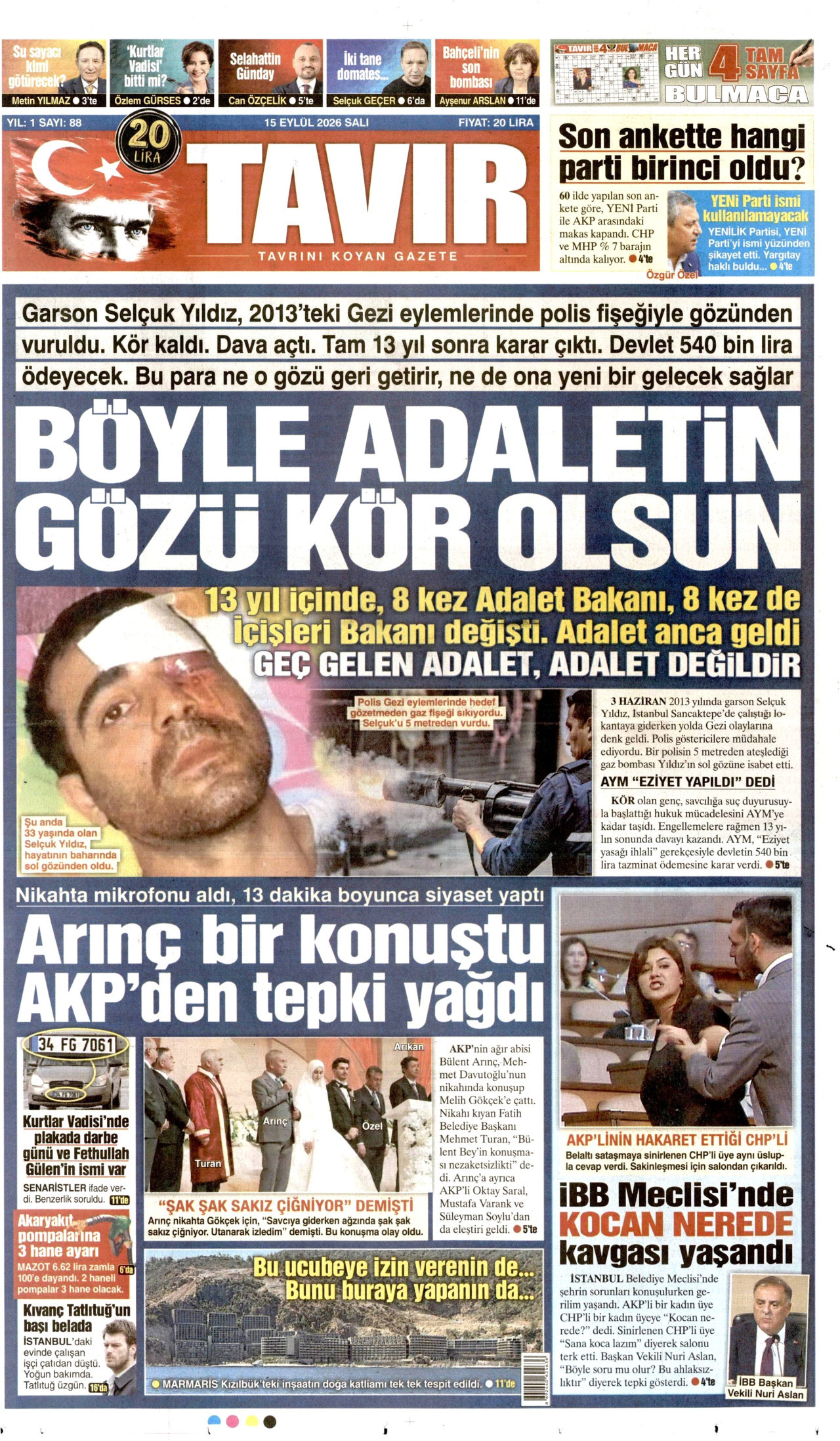 TAVIR GAZETESİ 15 Eylül 2026 Gazete Manşeti Büyük