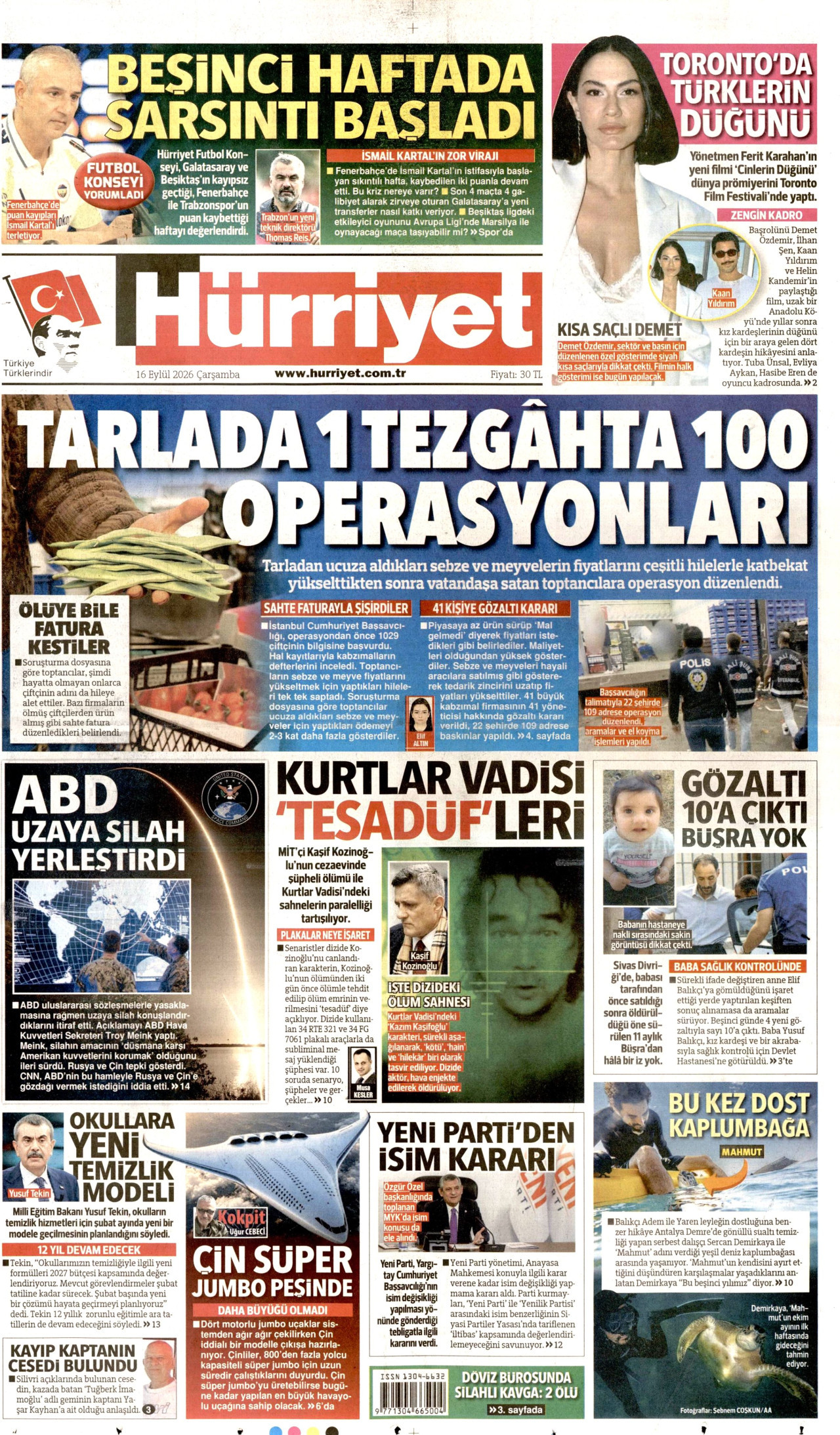 HÜRRİYET gazetesinin 16 Eylül 2026 tarihli birinci sayfası