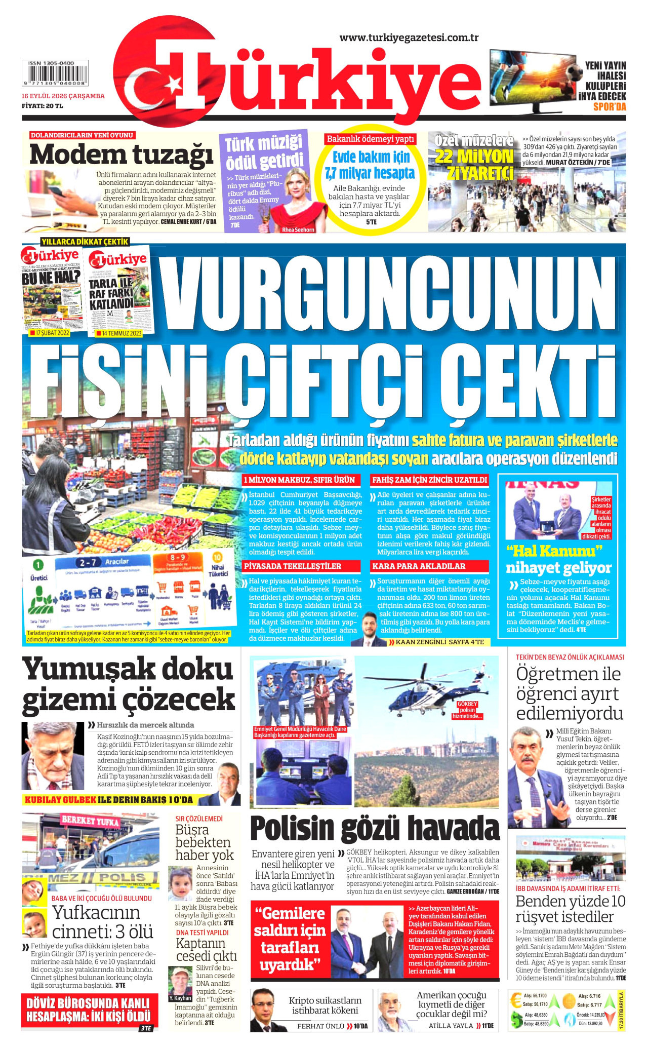TÜRKİYE GAZETESİ gazetesinin 16 Eylül 2026 tarihli birinci sayfası