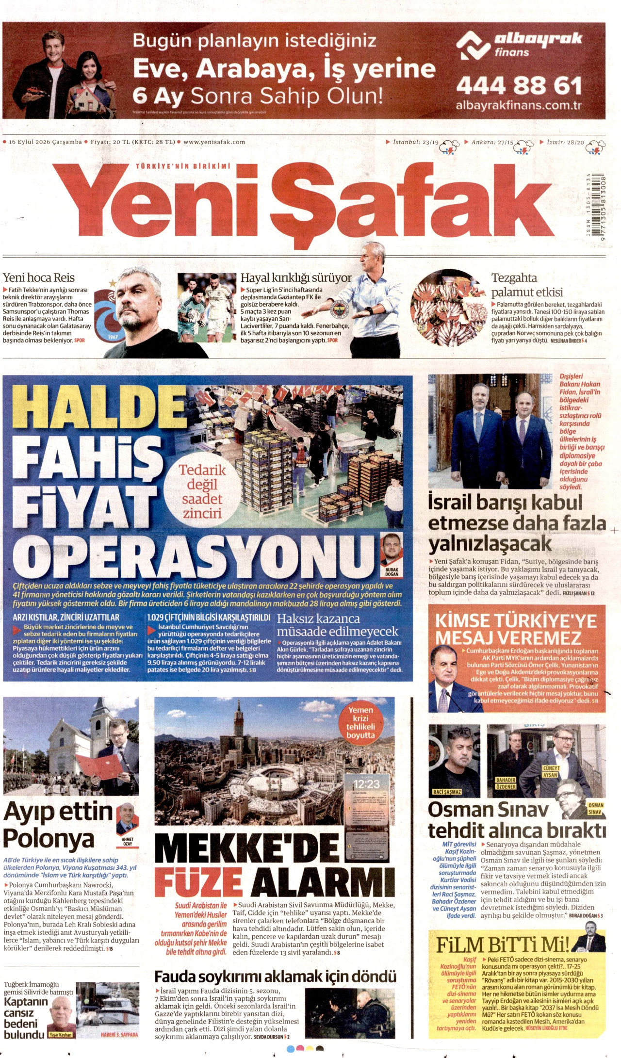 YENİ ŞAFAK gazetesinin 16 Eylül 2026 tarihli birinci sayfası