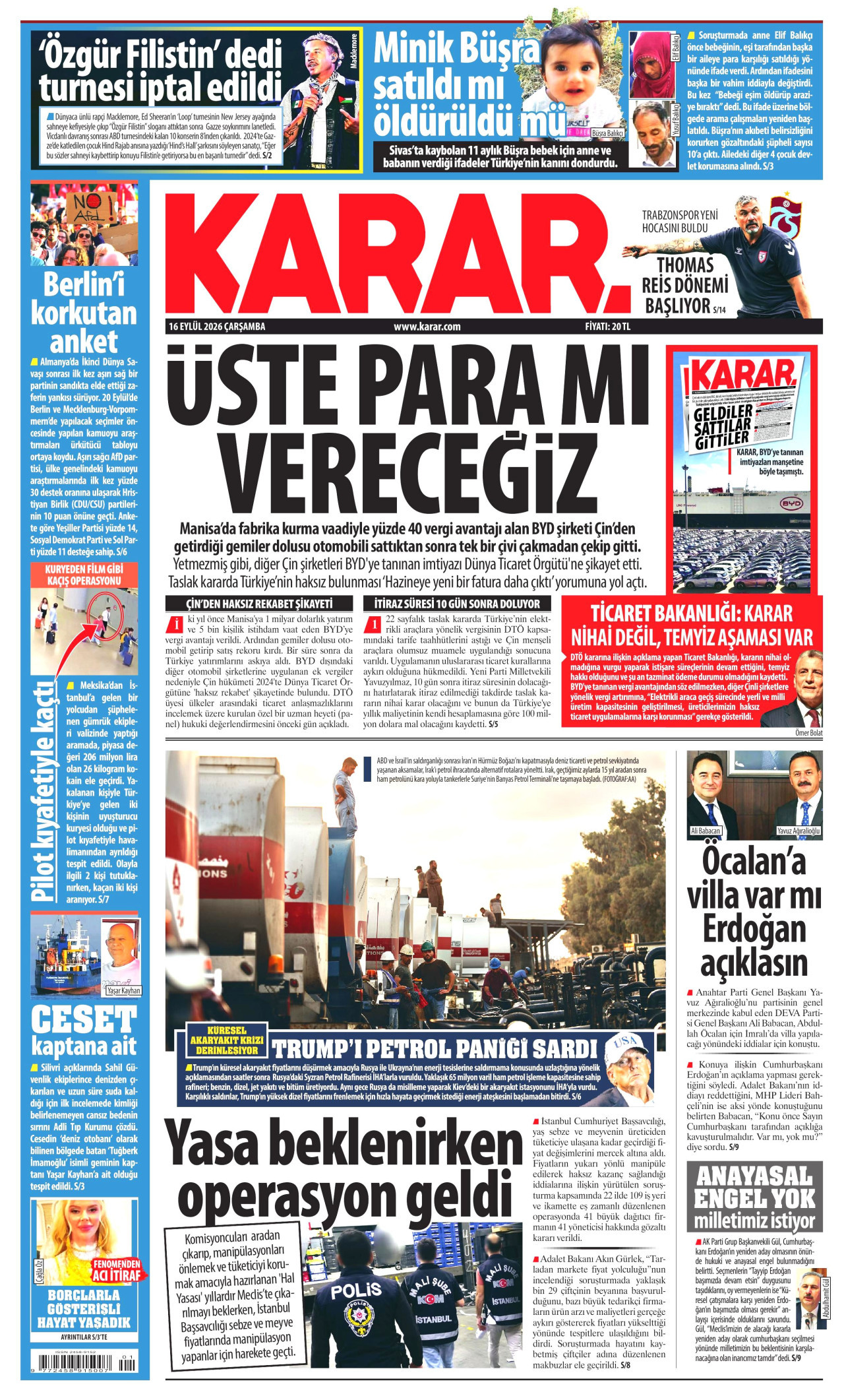KARAR gazetesinin 16 Eylül 2026 tarihli birinci sayfası