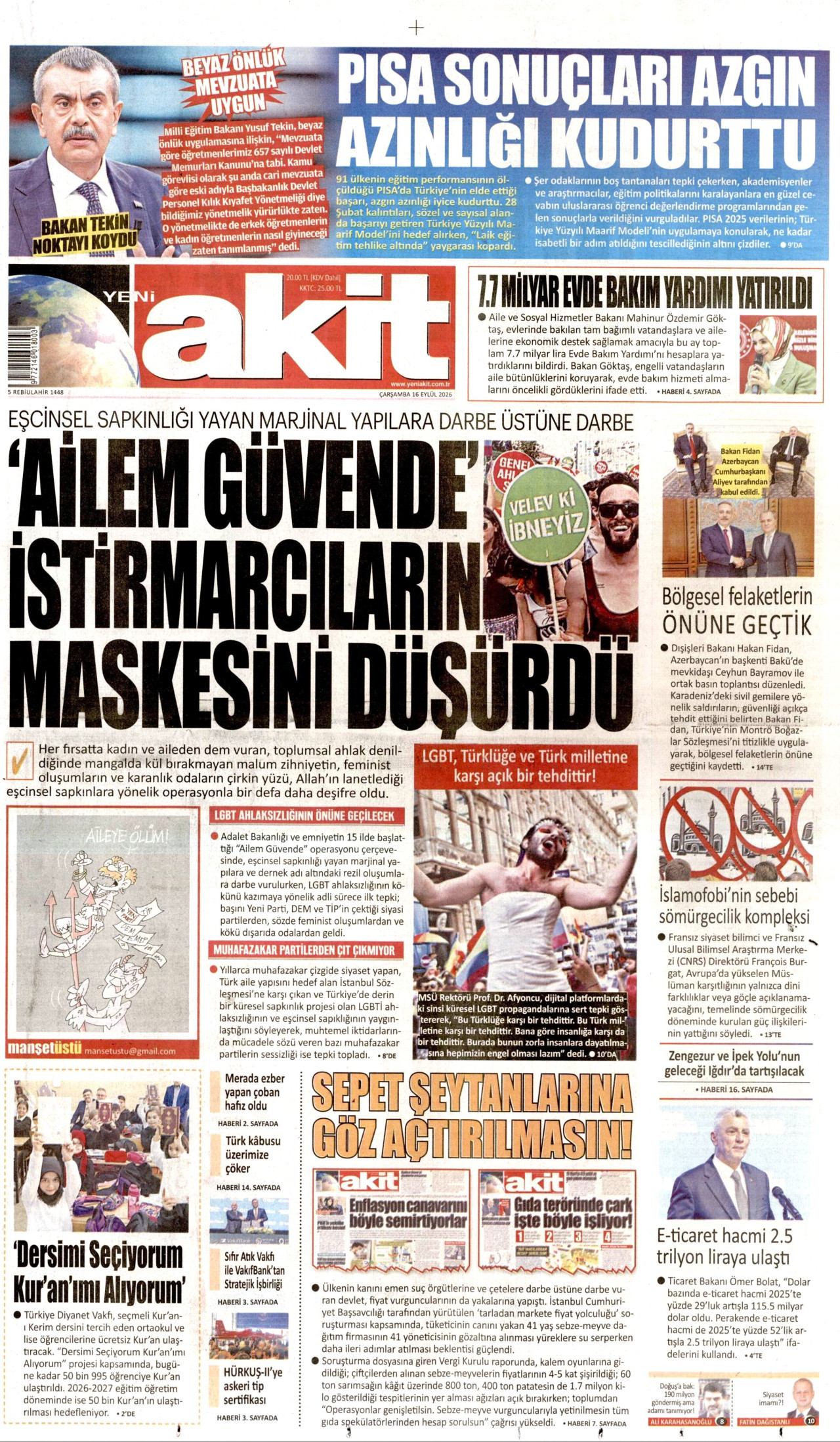 YENİ AKİT gazetesinin 16 Eylül 2026 tarihli birinci sayfası