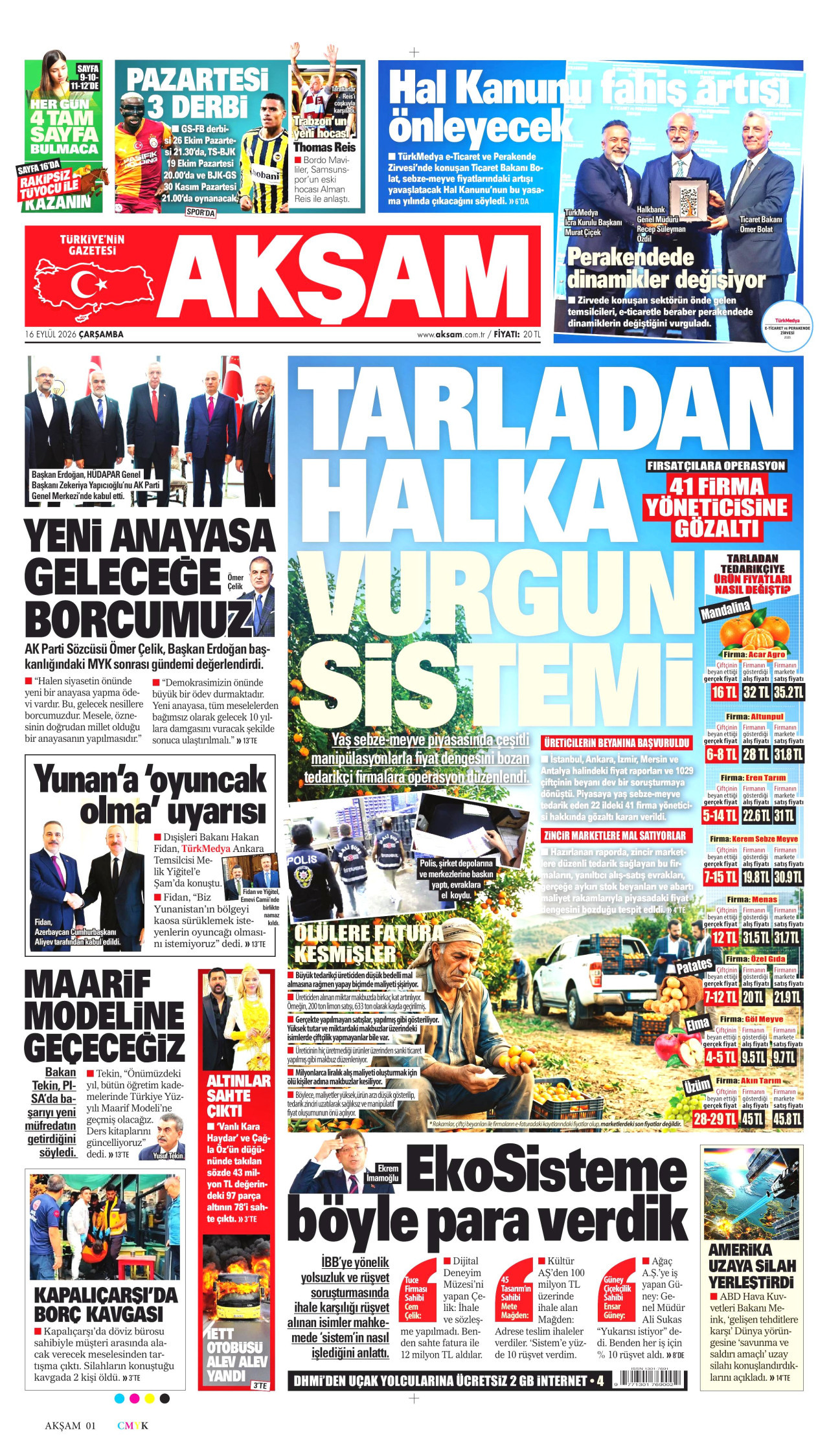 AKŞAM gazetesinin 16 Eylül 2026 tarihli birinci sayfası
