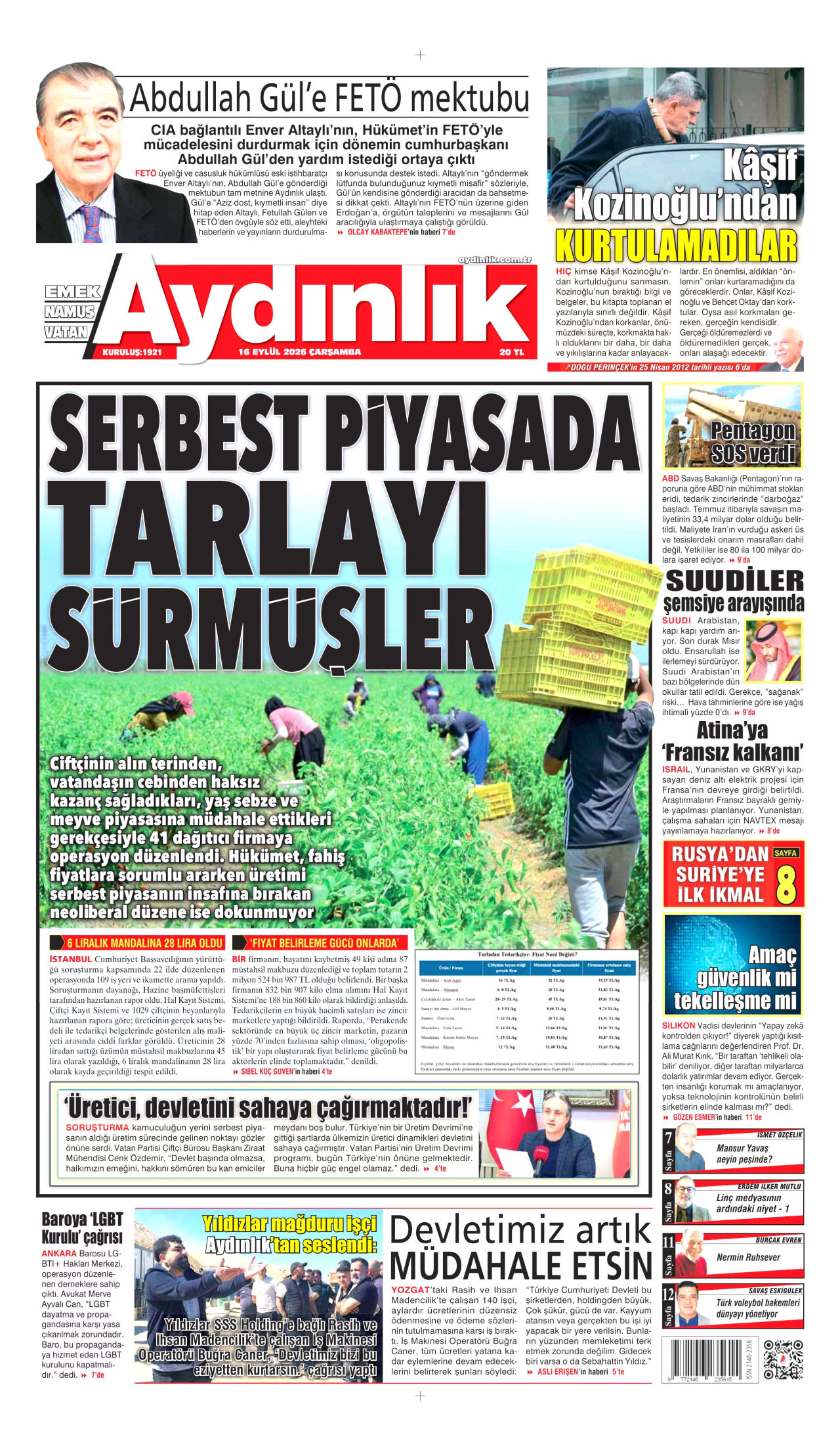 AYDINLIK GAZETESİ gazetesinin 16 Eylül 2026 tarihli birinci sayfası