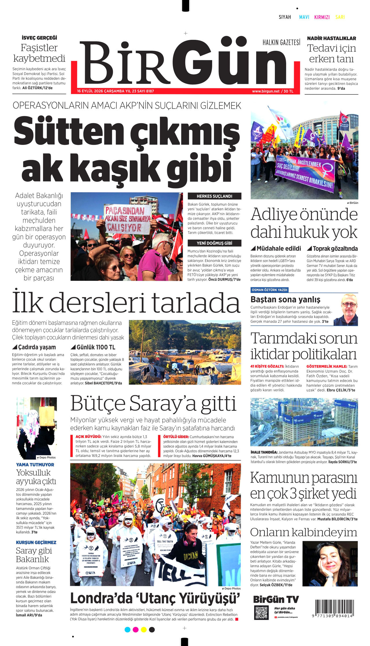 BİRGÜN gazetesinin 16 Eylül 2026 tarihli birinci sayfası