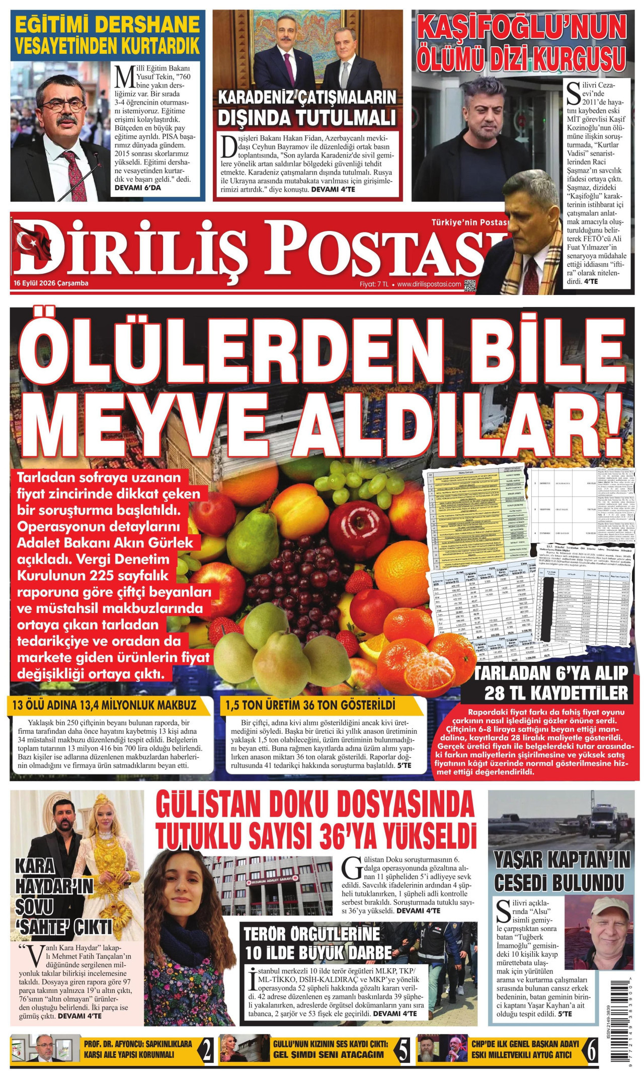 DİRİLİŞ POSTASI gazetesinin 16 Eylül 2026 tarihli birinci sayfası