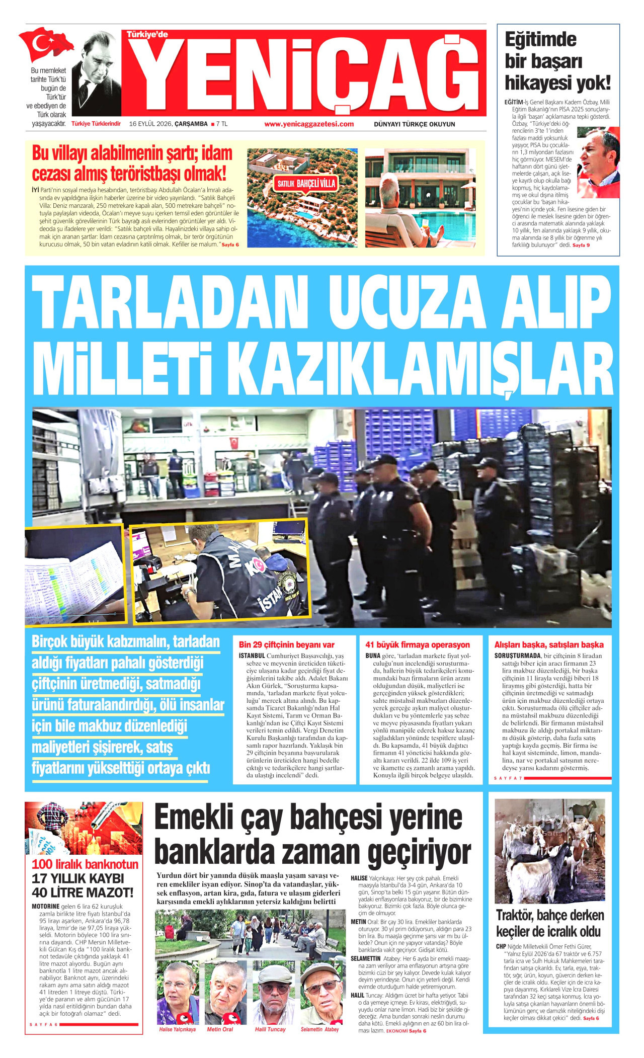 YENİÇAĞ gazetesinin 16 Eylül 2026 tarihli birinci sayfası