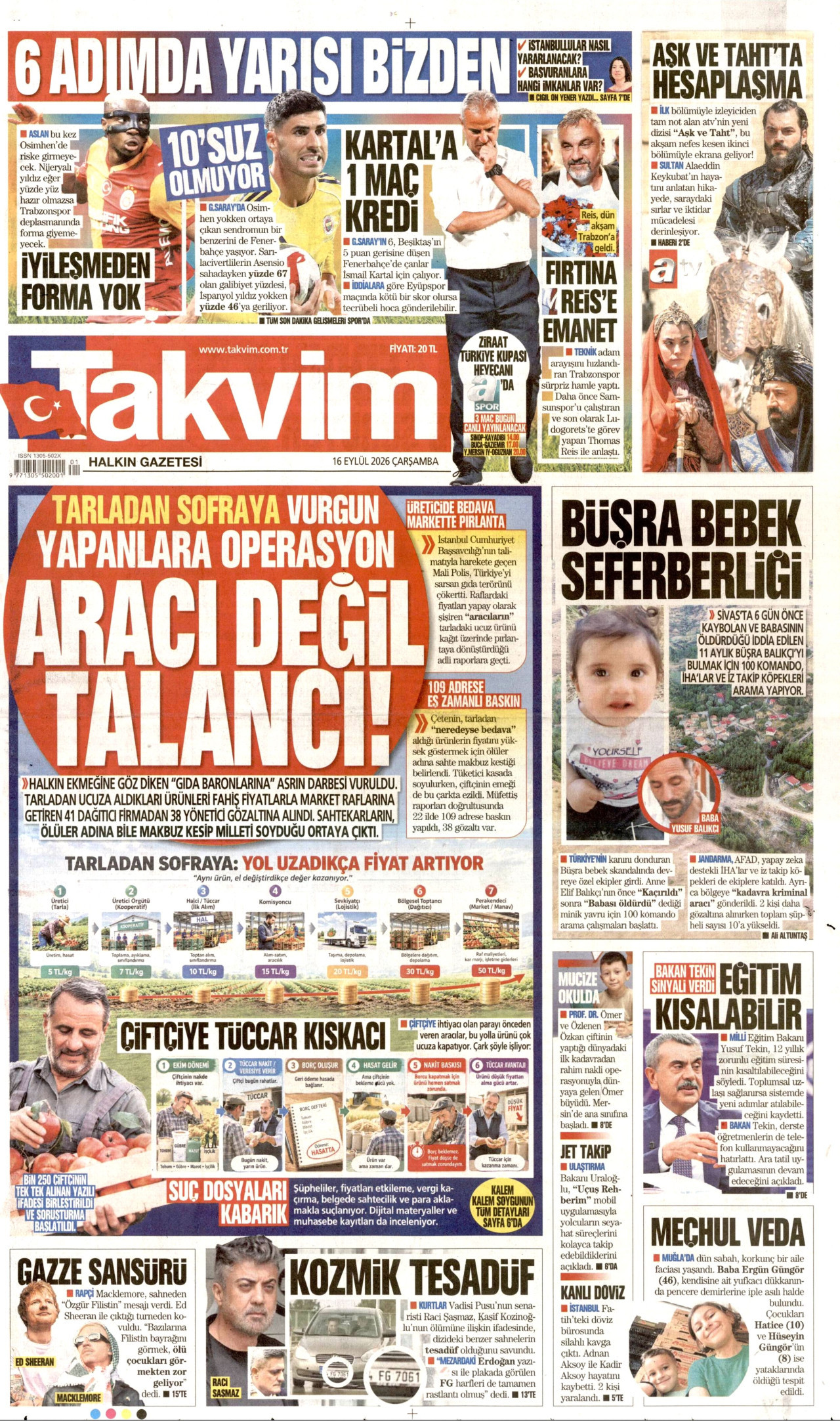 TAKVİM gazetesinin 16 Eylül 2026 tarihli birinci sayfası