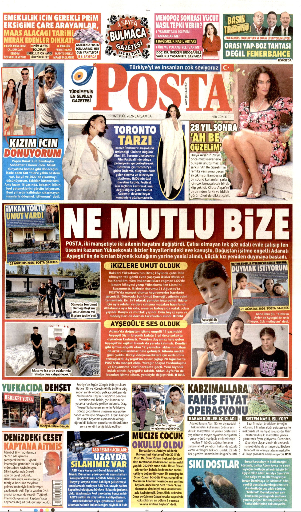 POSTA gazetesinin 16 Eylül 2026 tarihli birinci sayfası