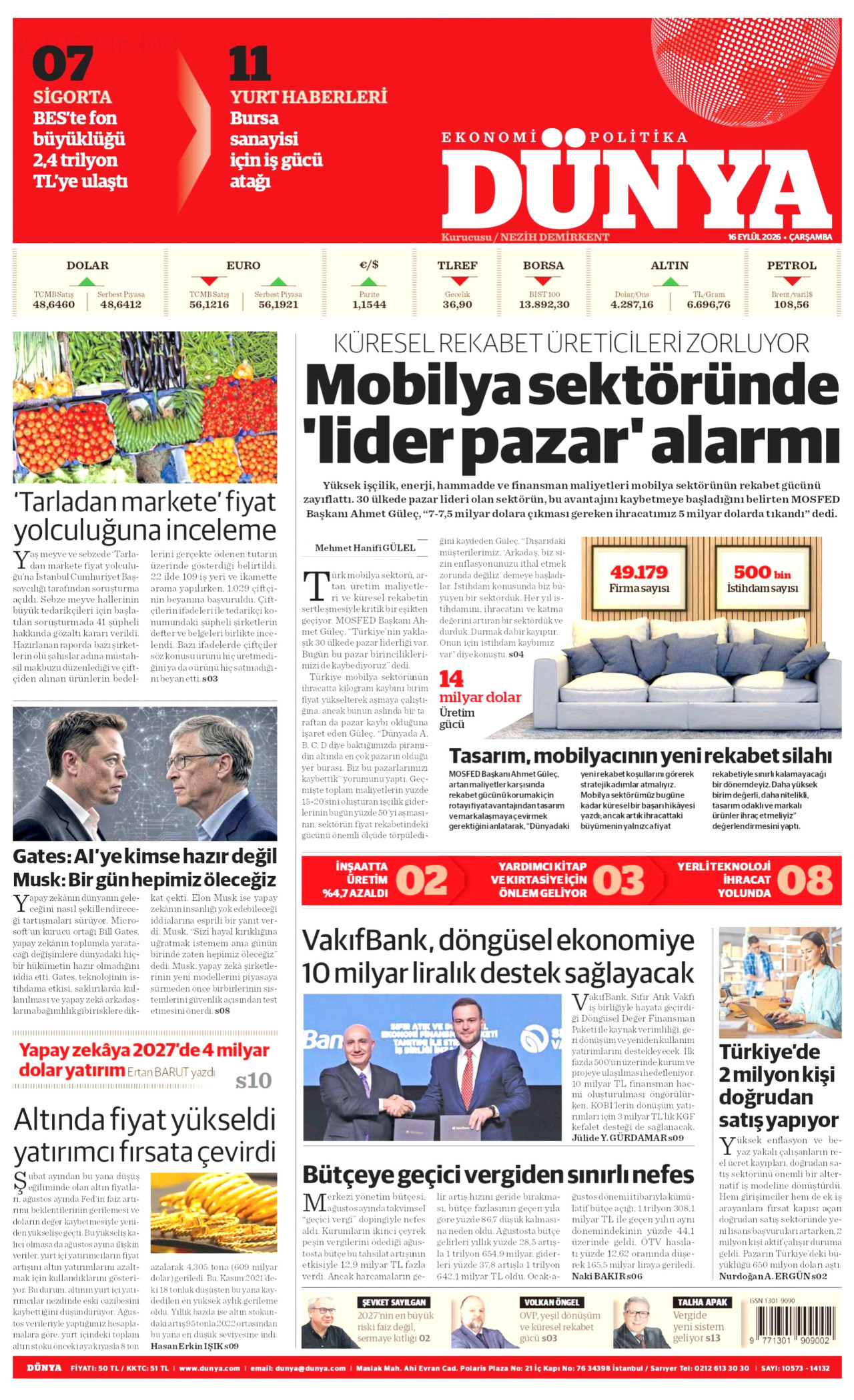 DÜNYA gazetesinin 16 Eylül 2026 tarihli birinci sayfası