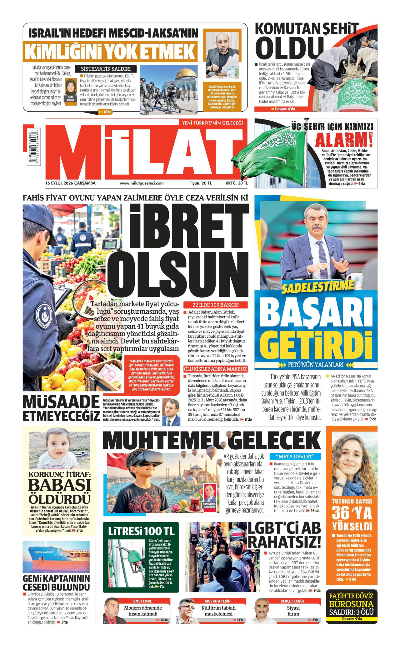 MİLAT gazetesinin 16 Eylül 2026 tarihli birinci sayfası