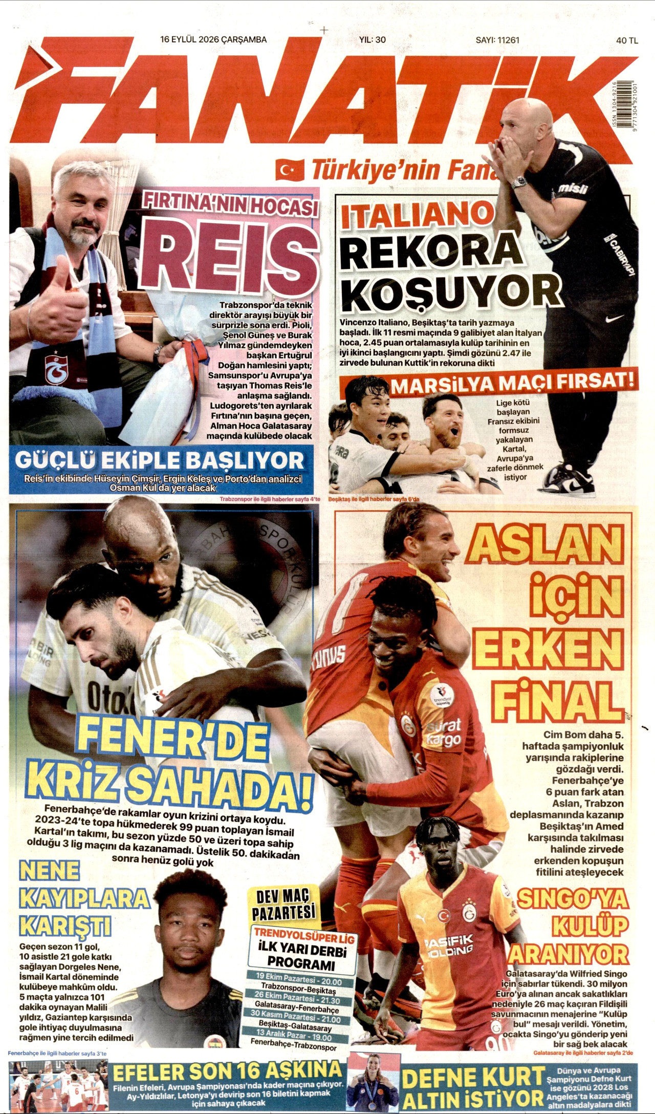 FANATİK gazetesinin 16 Eylül 2026 tarihli birinci sayfası