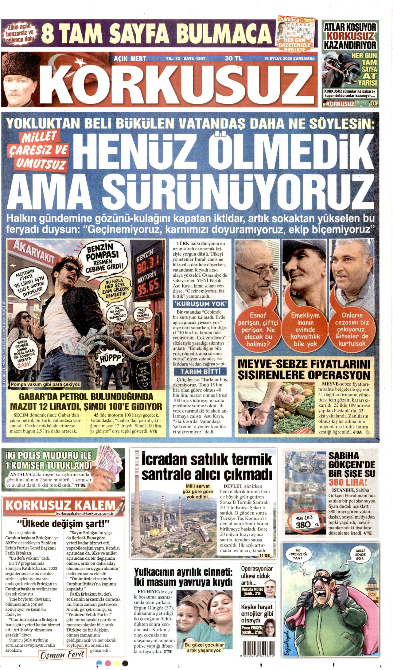 KORKUSUZ gazetesinin 16 Eylül 2026 tarihli birinci sayfası